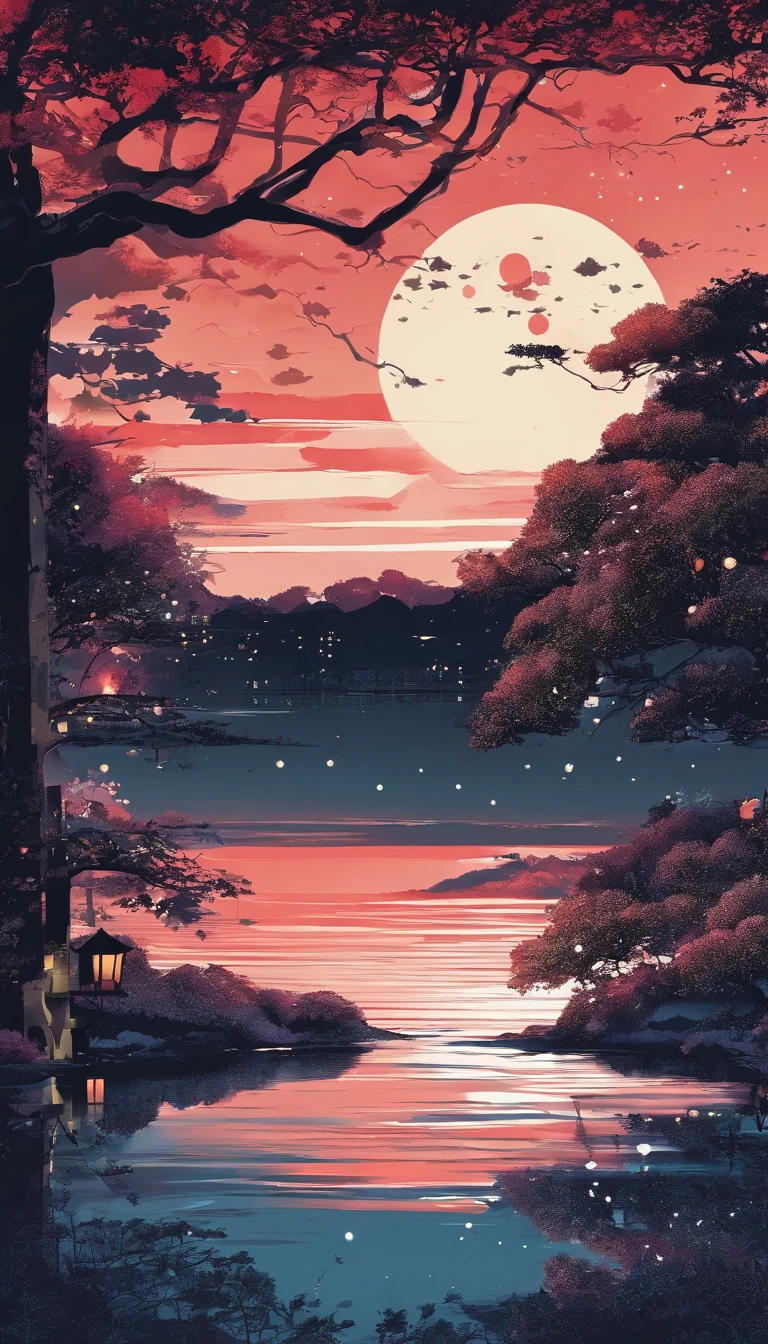Lovely night view、moonlights、Anime Art Background、There are no people、The tree々、fullmoon