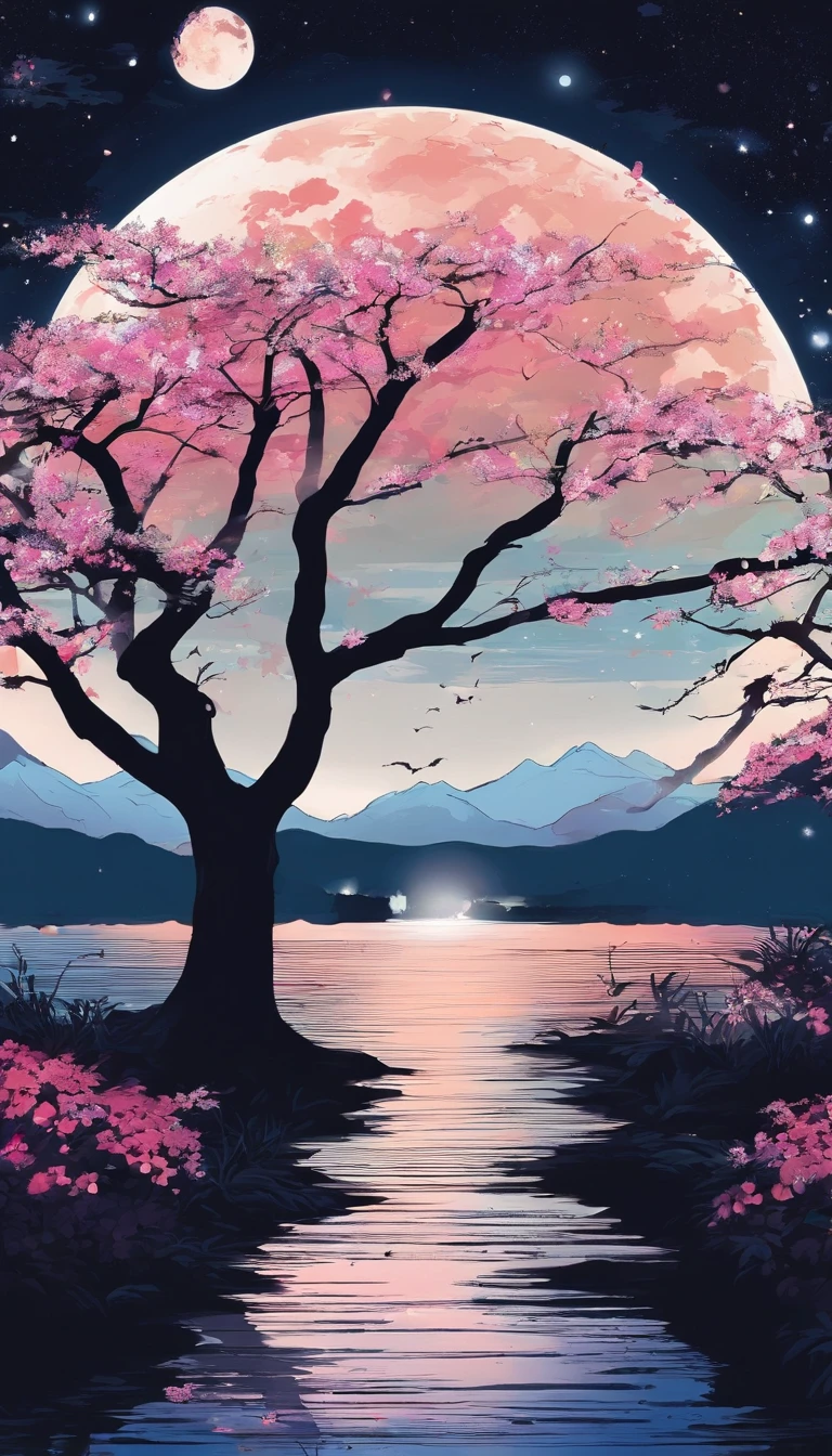 Lovely night view、moonlights、Anime Art Background、There are no people、The tree々、fullmoon