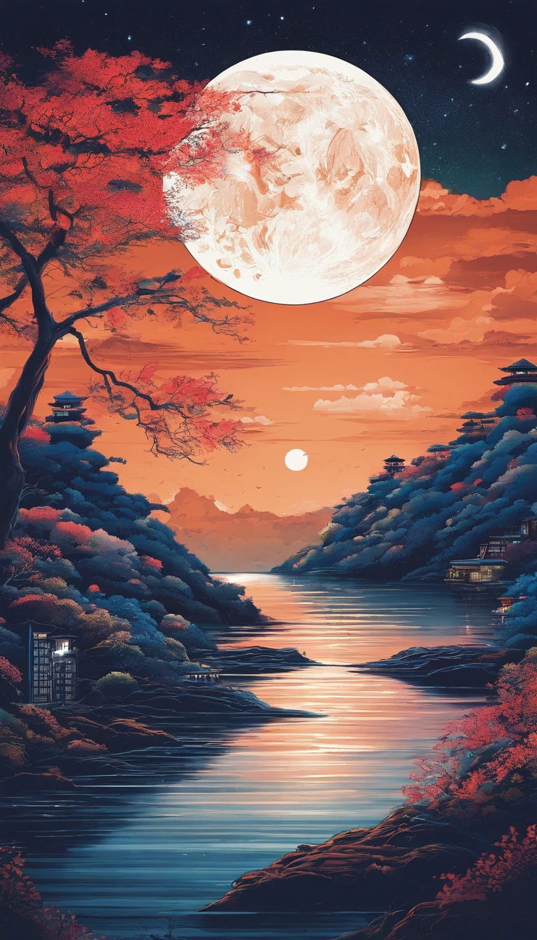 Lovely night view、moonlights、Anime Art Background、There are no people、The tree々、fullmoon