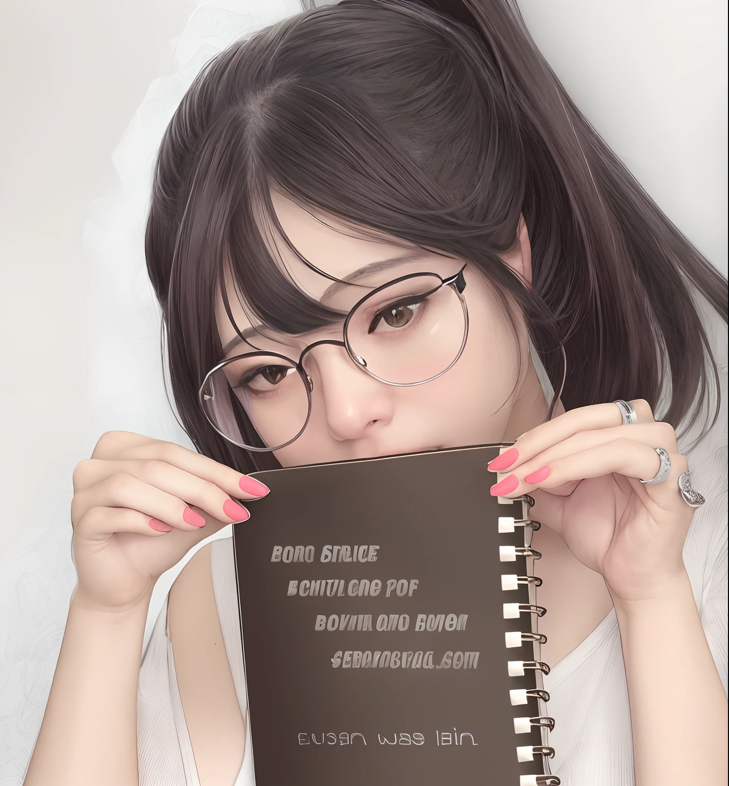 a woman with glasses holding a notebook with a book in front of her face, bbwchan, ecchi, e - girl, e-girl, sakimi chan, by Ren Renfa, ecchi style, sakimichan, random artist, by :5 sexy: 7, ecchi anime style, official fanart behance hd, wry smirk
