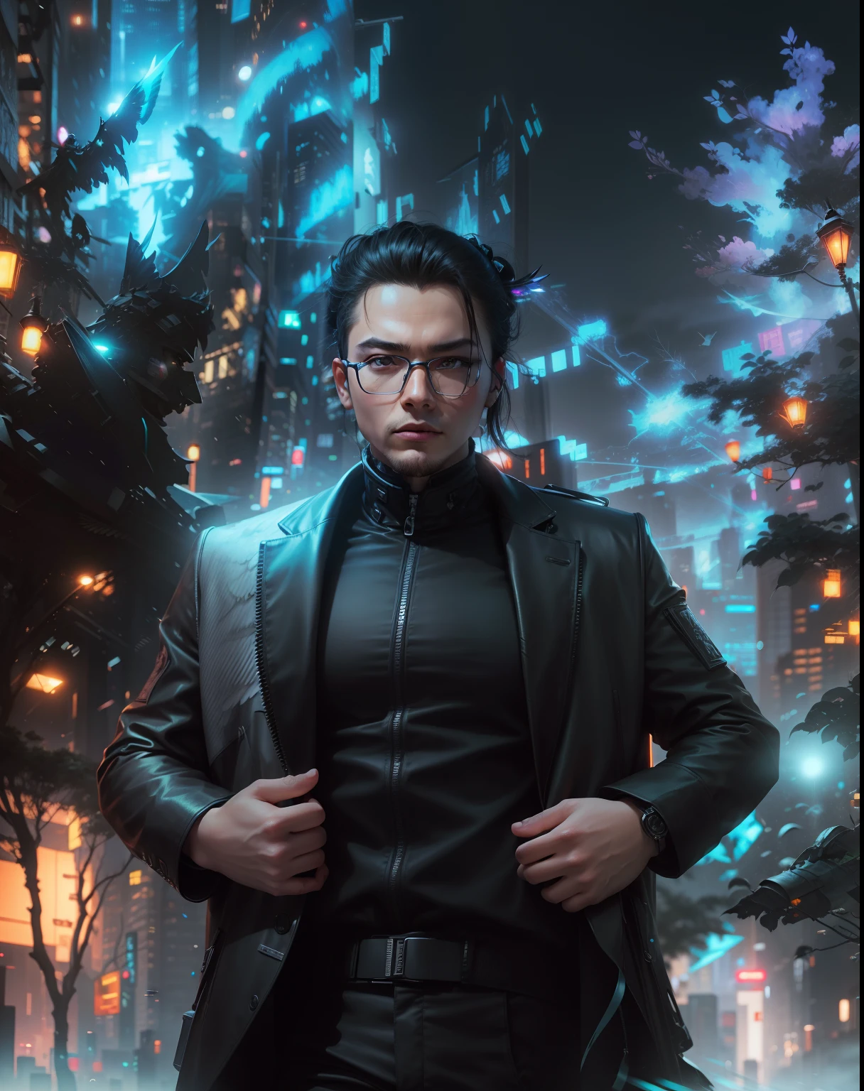 Change background, city dark landscape, gloomy , ultra realistic, keep my original face, make it look like AI, give me cyberpunk wings