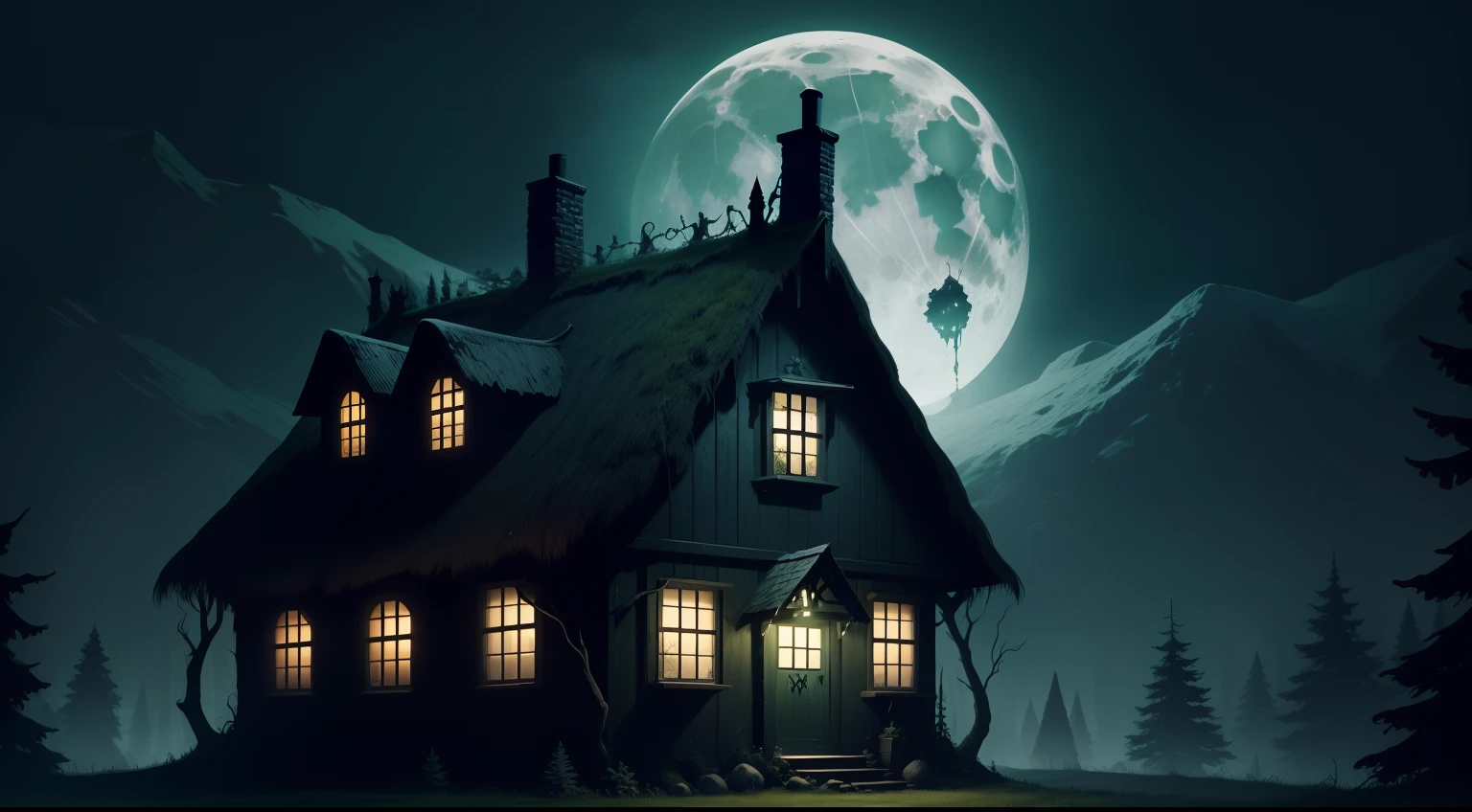 creepy witches cottage in the dark forest, green slime, full moon, demons sat on roof