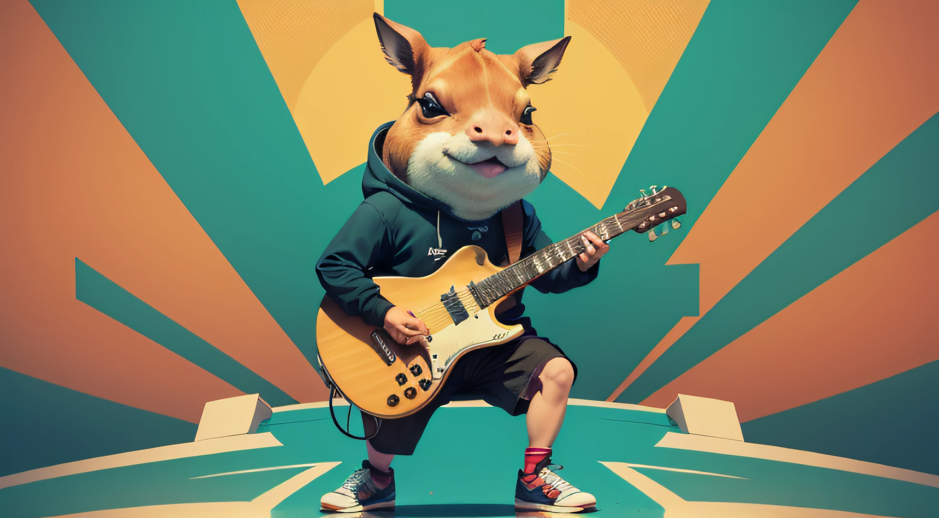 Crie um Poster para um festival de musica em um campeonato de skate, onde o personagem principal deve ser uma capivara tocando guitarra