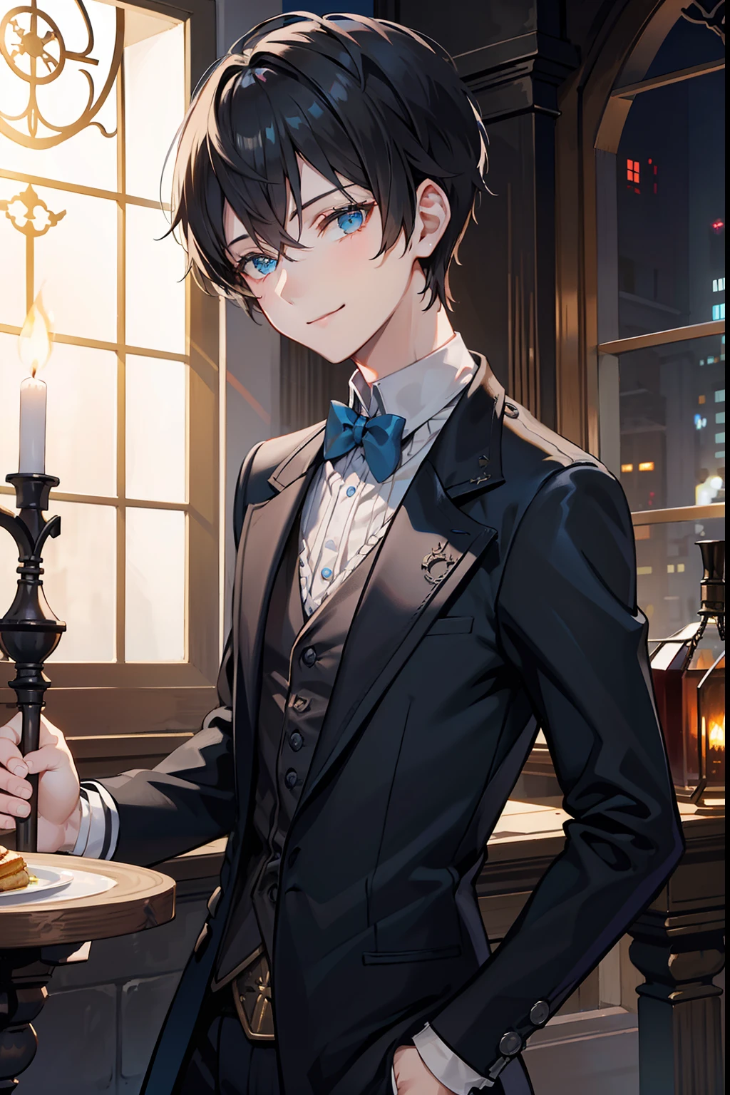 A dark-haired Short hair blue eyess male people twinks {{ember}} Castle courtyard a smile steampunc dinner party