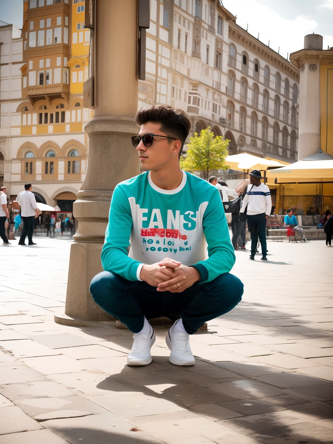 there is a man sitting on a bench in a city square, very artistic pose, standing in a city center, stylish pose, with accurate face, candid picture, full body photogenic shot, casual photography, * colour splash *, artistic pose, cool pose, very cool pose, very very low quality picture, with a cool pose, in a city square, faded