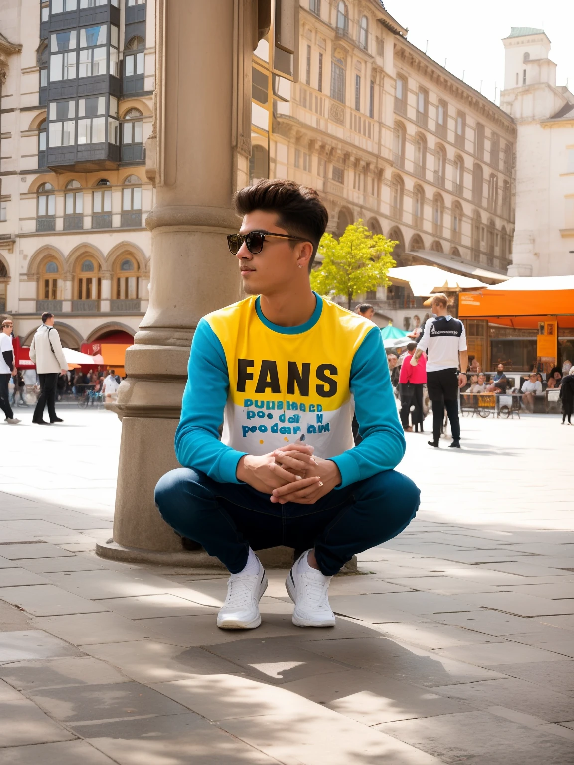 there is a man sitting on a bench in a city square, very artistic pose, standing in a city center, stylish pose, with accurate face, candid picture, full body photogenic shot, casual photography, * colour splash *, artistic pose, cool pose, very cool pose, very very low quality picture, with a cool pose, in a city square, faded