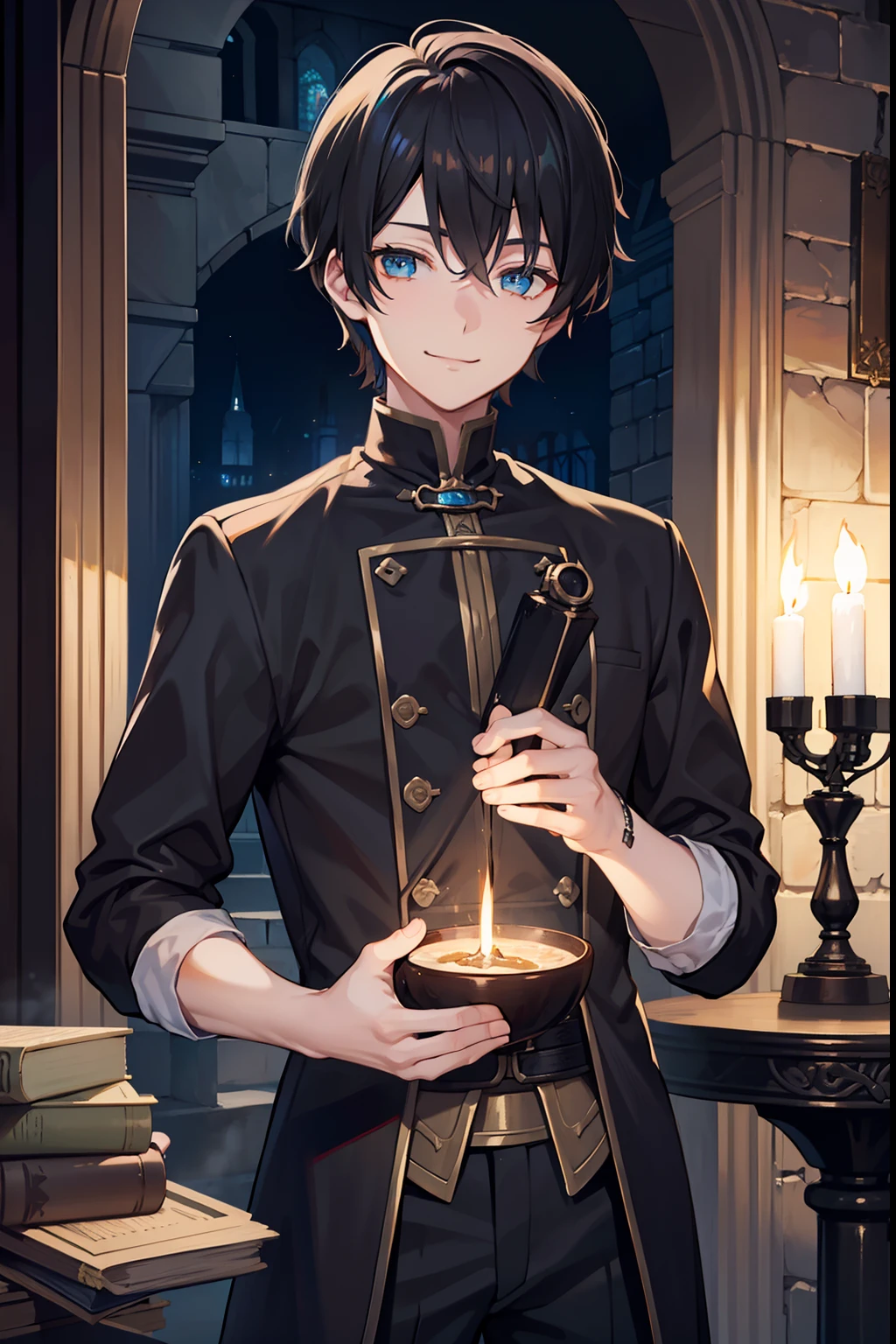 A dark-haired　Short hair　blue eyess　male people　twinks　{{ember}}　Castle courtyard　a smile 　steampunc　dinner party