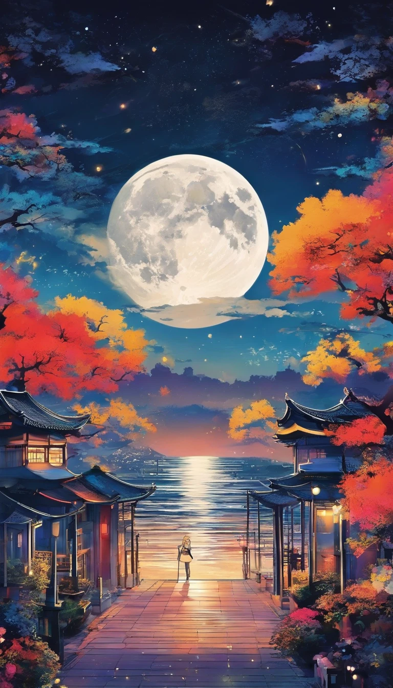 Lovely night view、moonlights、Anime Art Background、There are no people、fullmoon