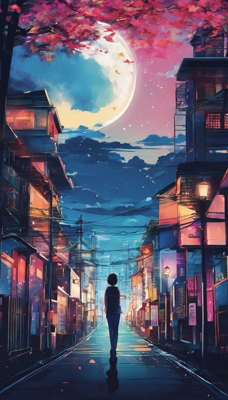 Lovely night view、moonlights、Anime Art Background、There are no people、fullmoon
