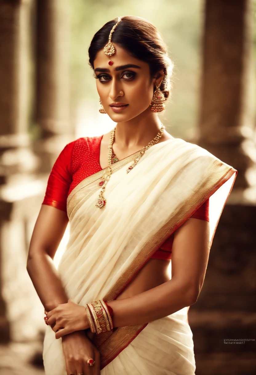 ileana d'cruz with white and red sari, proper bengali look, without jewellery