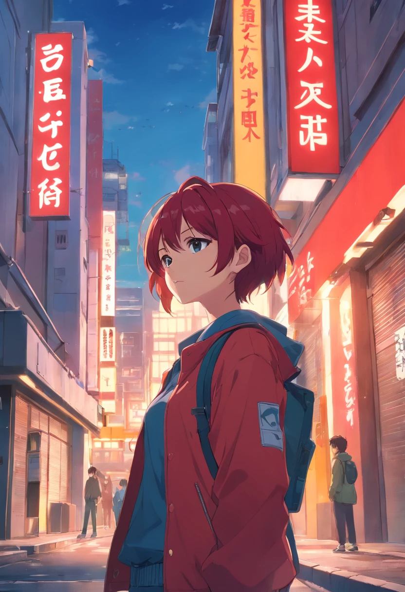 anime character with red hair and red jacket standing in front of a building, made with anime painter studio, tsukasa dokite, inspired by Munakata Shikō, in an anime style, inspired by Tanomura Chikuden, inspired by Ren Xiong, anime moe artstyle, shuushuu anime image, nobutaka ike