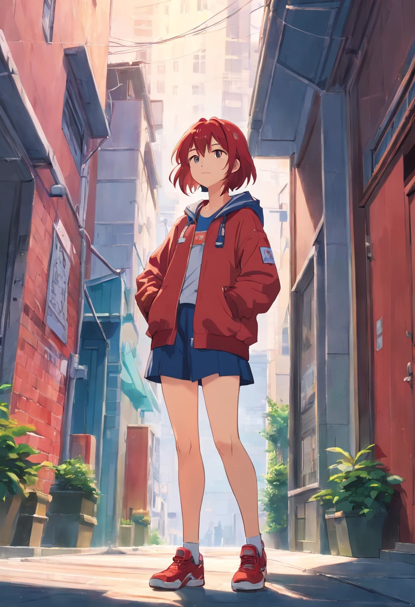 anime character with red hair and red jacket standing in front of a building, made with anime painter studio, tsukasa dokite, inspired by Munakata Shikō, in an anime style, inspired by Tanomura Chikuden, inspired by Ren Xiong, anime moe artstyle, shuushuu anime image, nobutaka ike