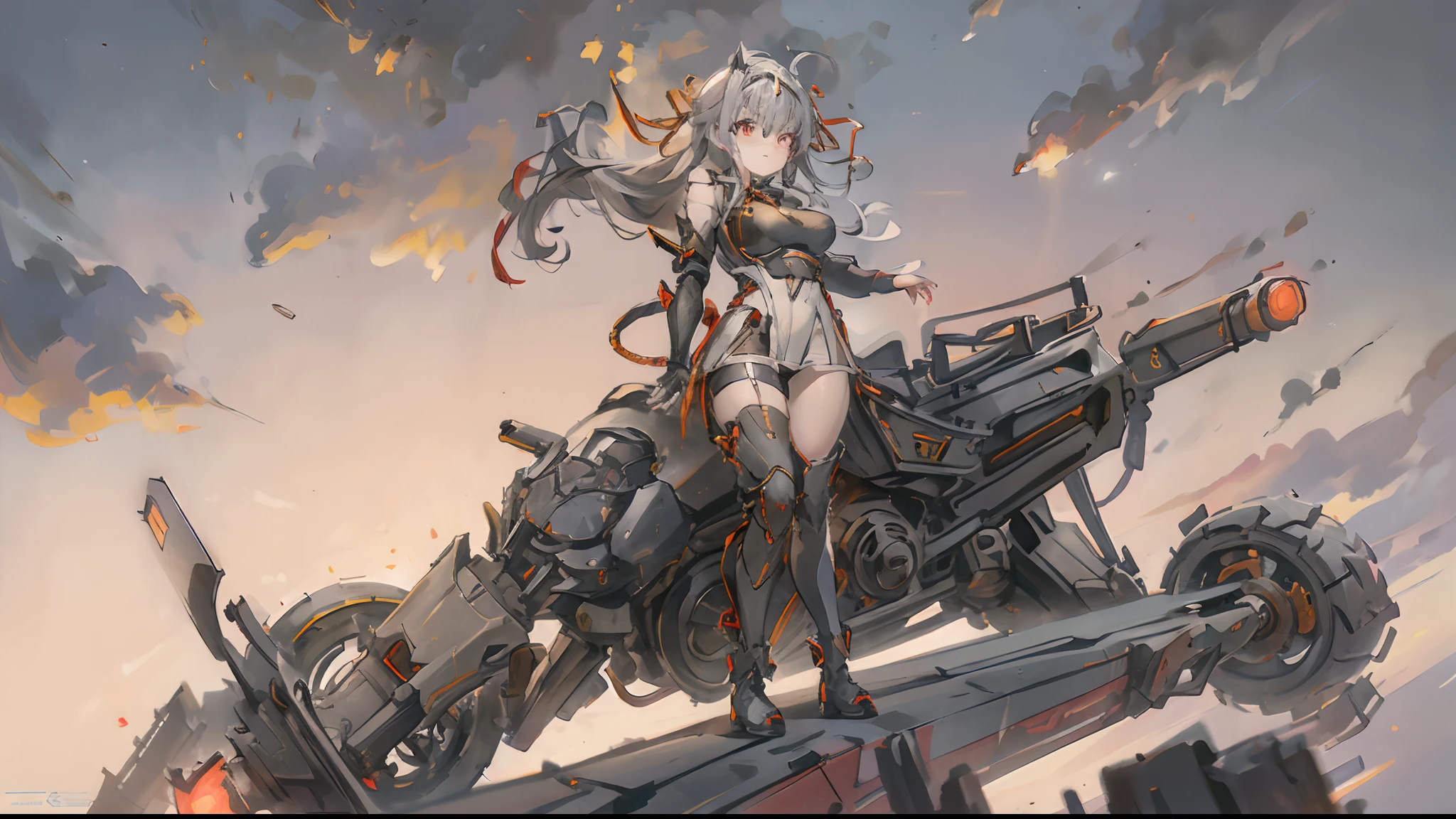 1 girl, tie up hair, left side swept hair, long gray hair, red eyes, innocent smile, black mech armor, cool and sexy face, black thigh knee sock, 8, Sharp face, Yellow ribbon at the ear, battlefield, outside, head bondage, black steel boot, standing, , modernia, massive cannon, one person, alone, 1 head, 2 hands, 2 legs, ride on mech, ride on motocycle