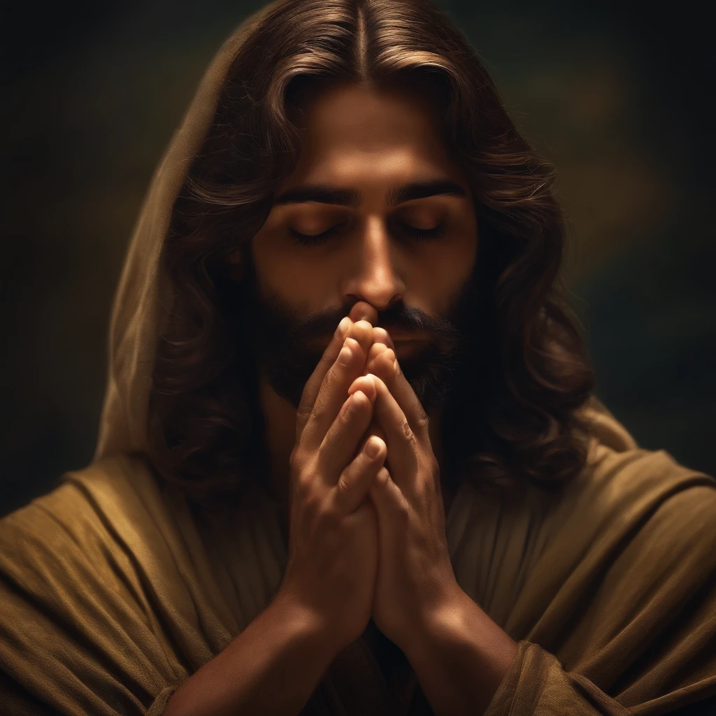 "Gerar uma imagem de Jesus no perfil, captured in a moment of deep prayer, with hands gently clasped together."