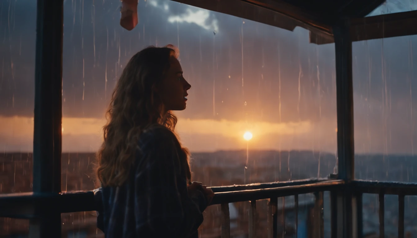 Beautiful girl crying at the rain on the roof of her house looking at the sunrise, 8K, Photorealistic
