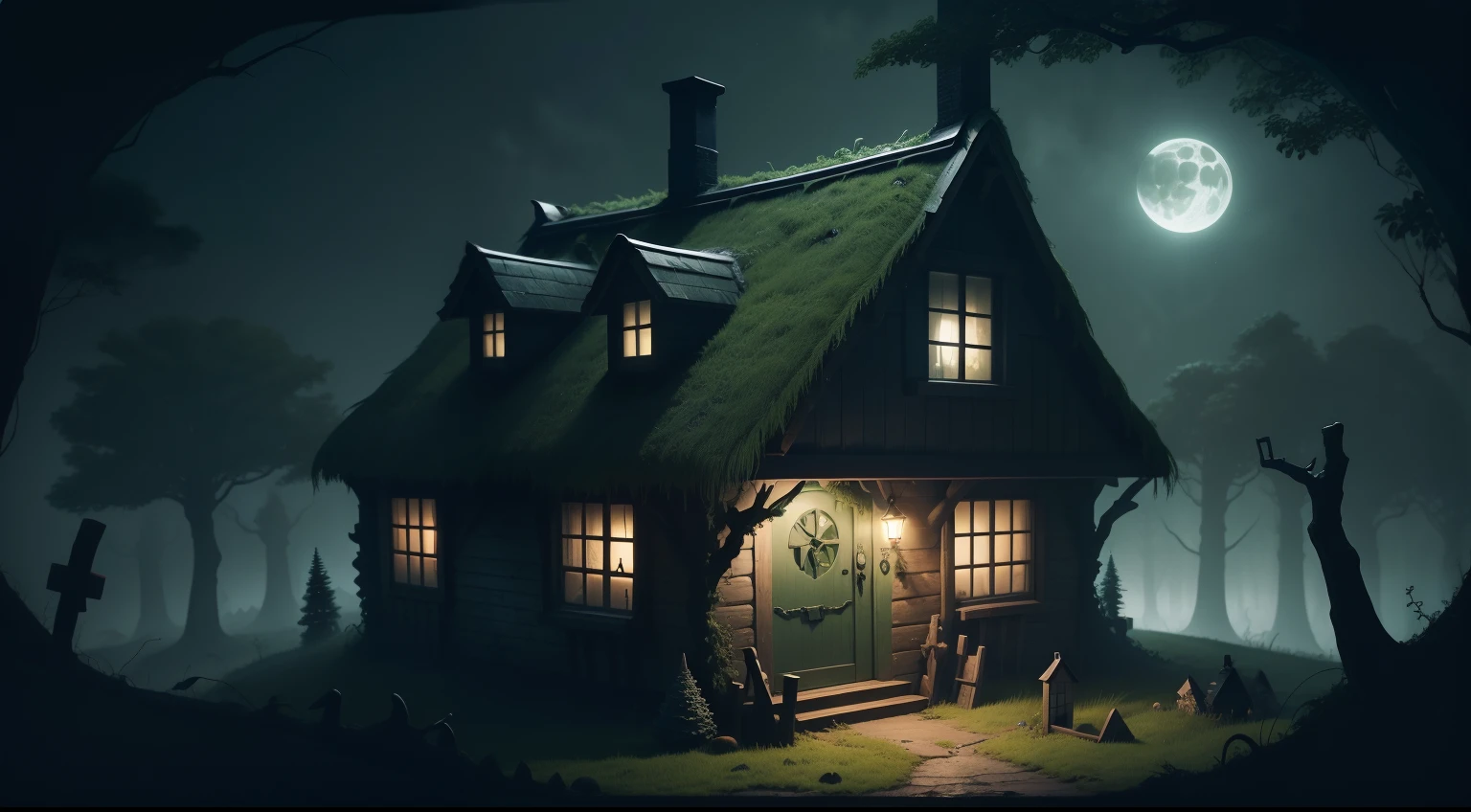 creepy witches cottage in the dark forest, green slime, half moon, ((demons sat on roof)), witches broom stick against front door