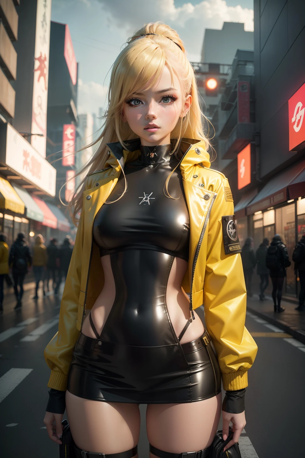 20-year-old girl with blonde hair in a yellow leather jacket and futuristic standing apocalyptic and cloudy, photorealistic anime girl rendering | |, Estilo de anime 3D realista, 4k, Art not Guweiz style, render de uma menina anime 3d bonito, Estilo Realismo Anime, Anime realista 3D, anime hiper realista, anime fotorrealista | |, neon light, Arte de anime realista, Anime estilo 3D, menina anime jovem realista, peitos grandes, decote roupas futuristas, sexy, sobrevivente, roupas rasgadas e curtas, olhos realistas 4cidade neon, Cyberpunk sexy, japonesa,com machucados pelo corpo e curativos, luzes neon, peitos, roupa justa e curta, decote e saia, saia preta, jaqueta amarela, predios neon de fundo, bonita, sexy, corpo feminino,roupas amarelas, decote, detalhes, peitos, mamas,