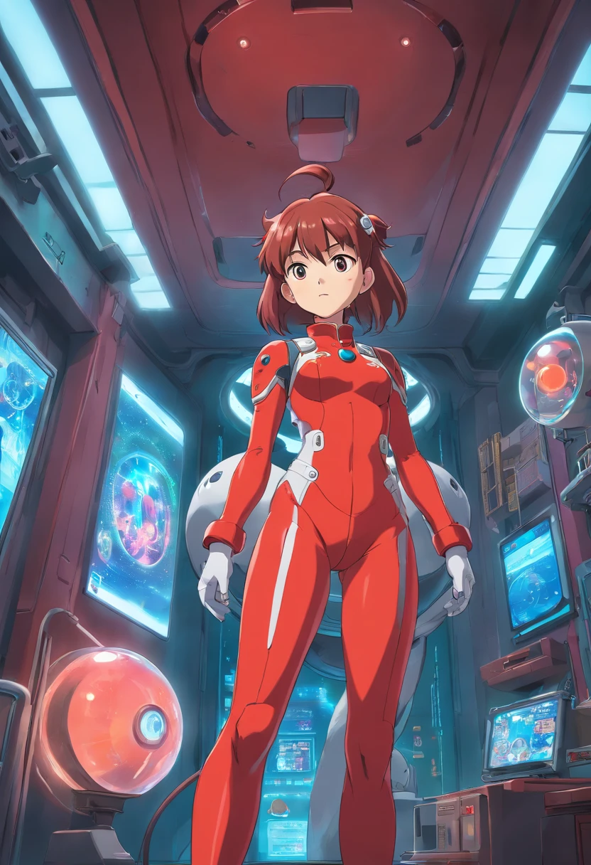 anime girl in red outfit in a futuristic room with a ceiling, nanogirl, anime girl of the future, smooth anime cg art, female protagonist 👀 :8, red aura, stylized anime, anime cgi style, full body zenkai! asuka suit, anime styled 3d, still from tv anime, this character has cryokinesis, anime style. 8k