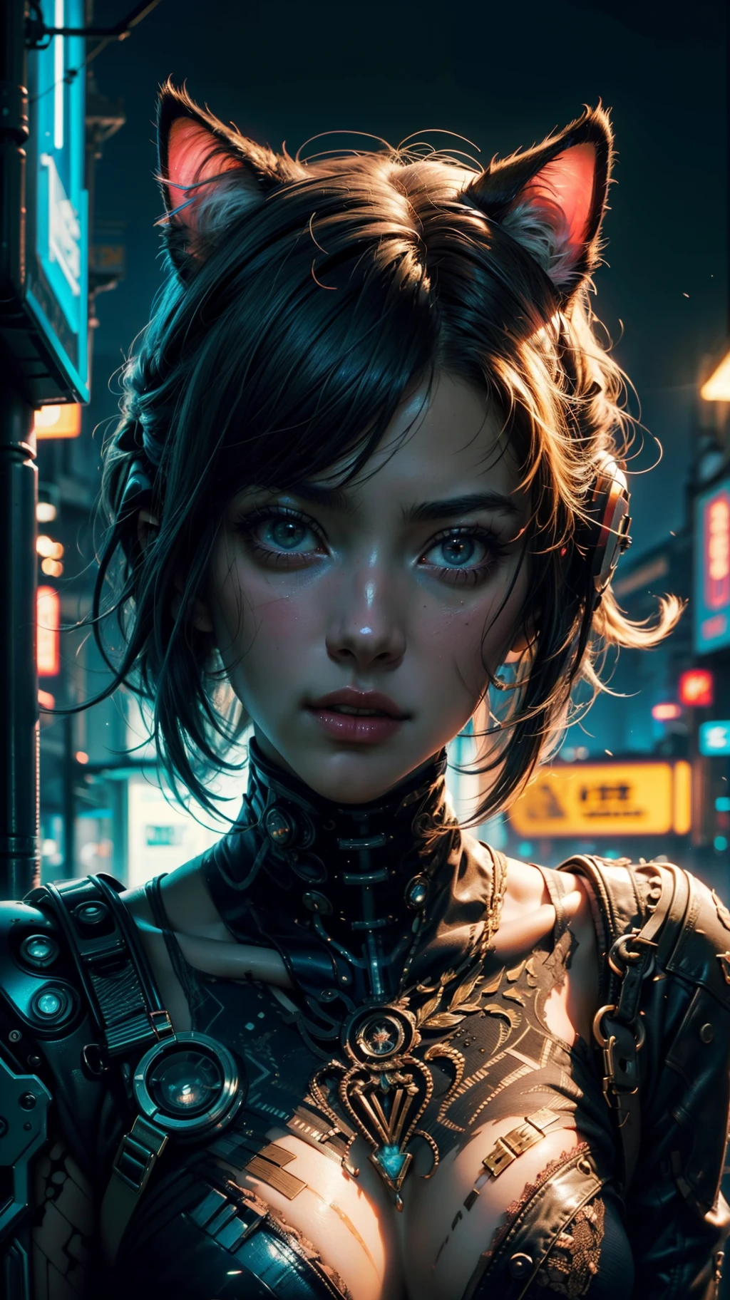 Beautiful cowboy shot of (Reika Shimohira) as a (Cyberpunk Nekomata catgirl), slender body, cat ears, cat tail, science fiction, cyberpunk city in the background, Gantz, Cyberpunk 2077, Ultra realistic photo, masterpiece, best quality, CG, wallpaper, HDR, high quality, high-definition, insanely detailed, {beautiful detailed face}, {beautiful detailed eyes}, (detailed light){{intricate detail}}, {highres}, ((detailed face)), glowing neon lights, chiaroscuro, intricate detail, highly detailed, breathtaking, vibrant, cinematic lighting, 18+, Nsfw