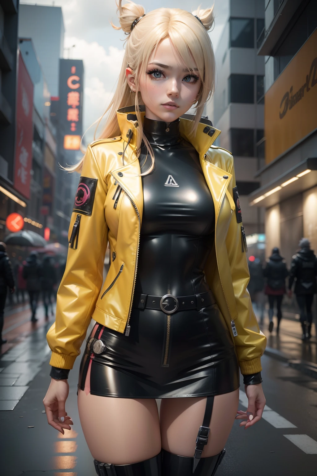 20-year-old girl with blonde hair in a yellow leather jacket and futuristic standing apocalyptic and cloudy, photorealistic anime girl rendering | |, Estilo de anime 3D realista, 4k, Art not Guweiz style, render de uma menina anime 3d bonito, Estilo Realismo Anime, Anime realista 3D, anime hiper realista, anime fotorrealista | |, neon light, Arte de anime realista, Anime estilo 3D, menina anime jovem realista, peitos grandes, decote roupas futuristas, sexy, sobrevivente, roupas rasgadas e curtas, olhos realistas 4cidade neon, Cyberpunk sexy, japonesa,com machucados pelo corpo e curativos, luzes neon, peitos, roupa justa e curta, decote e saia, saia preta, jaqueta amarela, predios neon de fundo, bonita, sexy, corpo feminino,roupas amarelas, decote, detalhes, peitos, mamas,