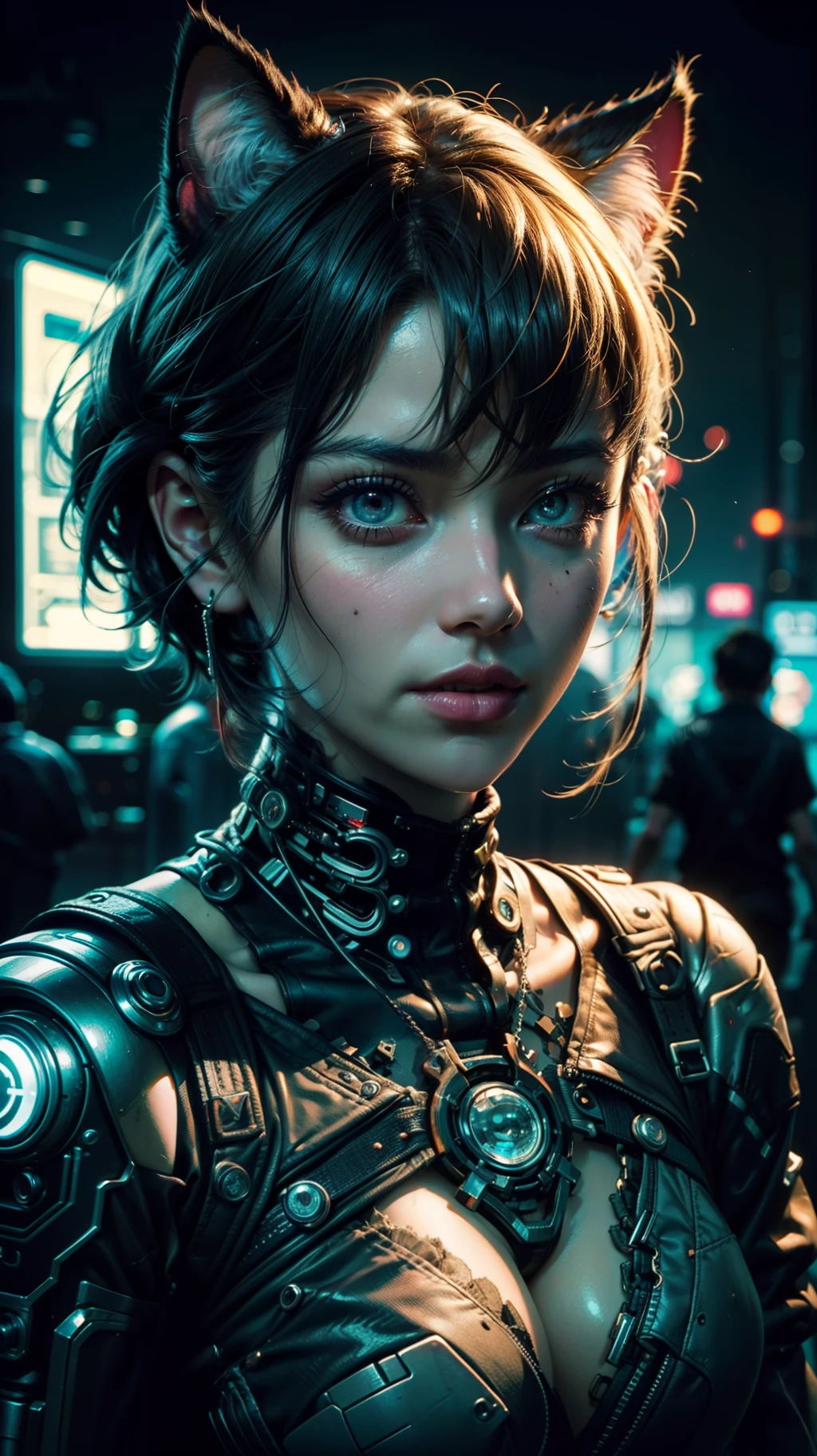 Beautiful cowboy shot of (Reika Shimohira) as a (Cyberpunk Nekomata catgirl), slender body, cat ears, cat tail, science fiction, cyberpunk city in the background, Gantz, Cyberpunk 2077, Ultra realistic photo, masterpiece, best quality, CG, wallpaper, HDR, high quality, high-definition, insanely detailed, {beautiful detailed face}, {beautiful detailed eyes}, (detailed light){{intricate detail}}, {highres}, ((detailed face)), glowing neon lights, chiaroscuro, intricate detail, highly detailed, breathtaking, vibrant, cinematic lighting, 18+, Nsfw