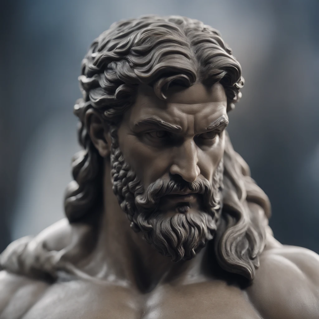 Hercules style zeus statue, 8k, cinematic dark background