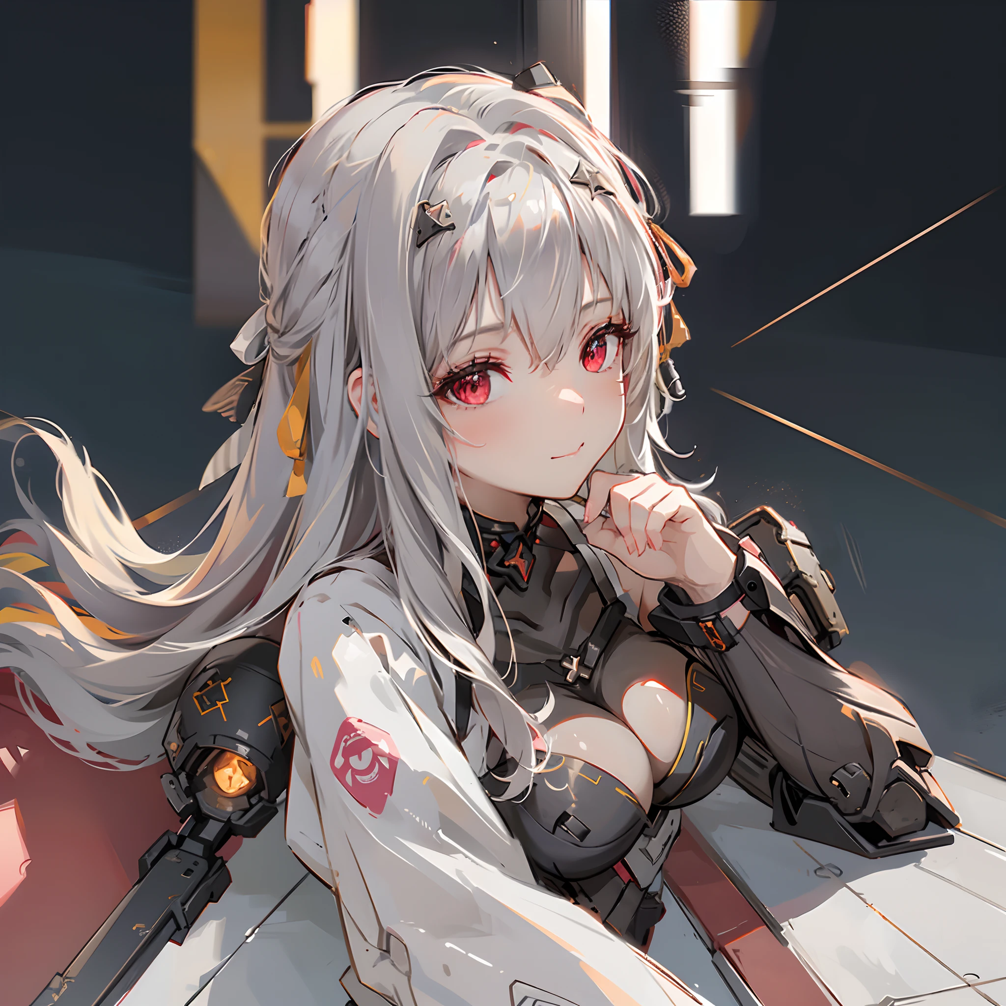 1 girl, tie up hair, left side swept hair, long gray hair, red eyes, innocent smile, black mech armor, cool and sexy face, black thigh knee sock, 8, Sharp face, Yellow ribbon at the ear, battlefield, outside, head bondage, black steel boot, standing, , modernia, massive cannon, one person, alone, 1 head, 2 hands, 2 legs