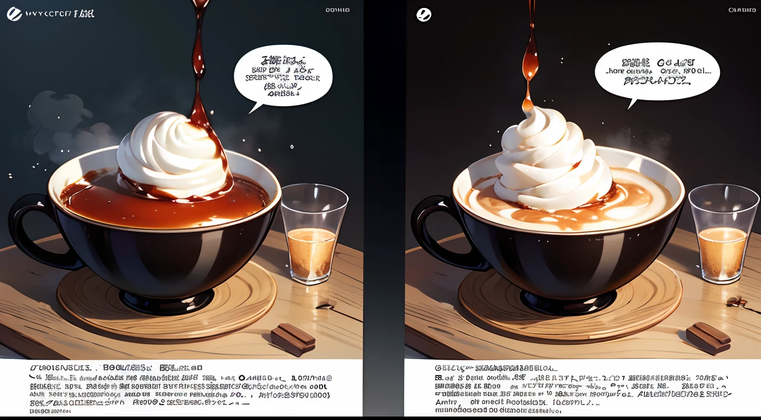 comic strip，A cup of Luckin coffee and a glass of Moutai，Sauce fragrant，antigravity，The art of splashing，Detail enhancement，8K，super-fine，concept-art