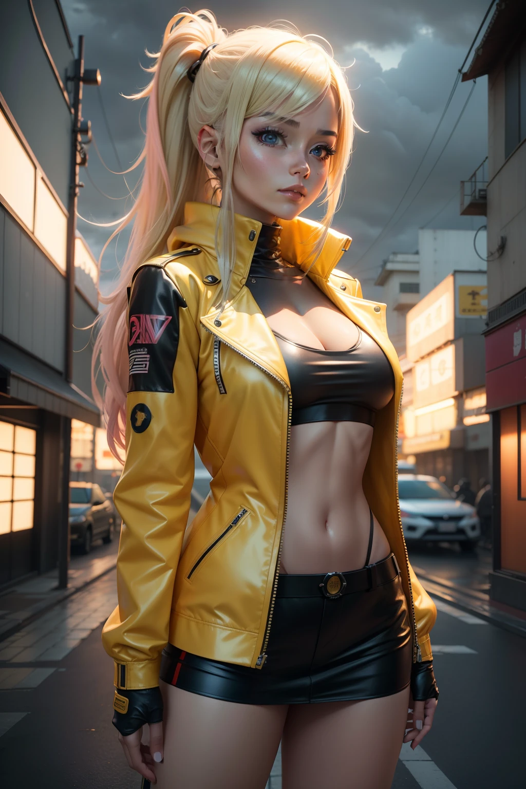 20-year-old girl with blonde hair in a yellow leather jacket and futuristic standing apocalyptic and cloudy, photorealistic anime girl rendering | |, Estilo de anime 3D realista, 4k, Art not Guweiz style, render de uma menina anime 3d bonito, Estilo Realismo Anime, Anime realista 3D, anime hiper realista, anime fotorrealista | |, neon light, Arte de anime realista, Anime estilo 3D, menina anime jovem realista, peitos grandes, decote roupas futuristas, sexy, sobrevivente, roupas rasgadas e curtas, olhos realistas 4cidade neon, Cyberpunk sexy, japonesa,com machucados pelo corpo e curativos, luzes neon, peitos, roupa justa e curta, decote e saia, saia preta, jaqueta amarela, predios neon de fundo, bonita, sexy, corpo feminino,roupas amarelas, decote, detalhes, peitos, mamas,