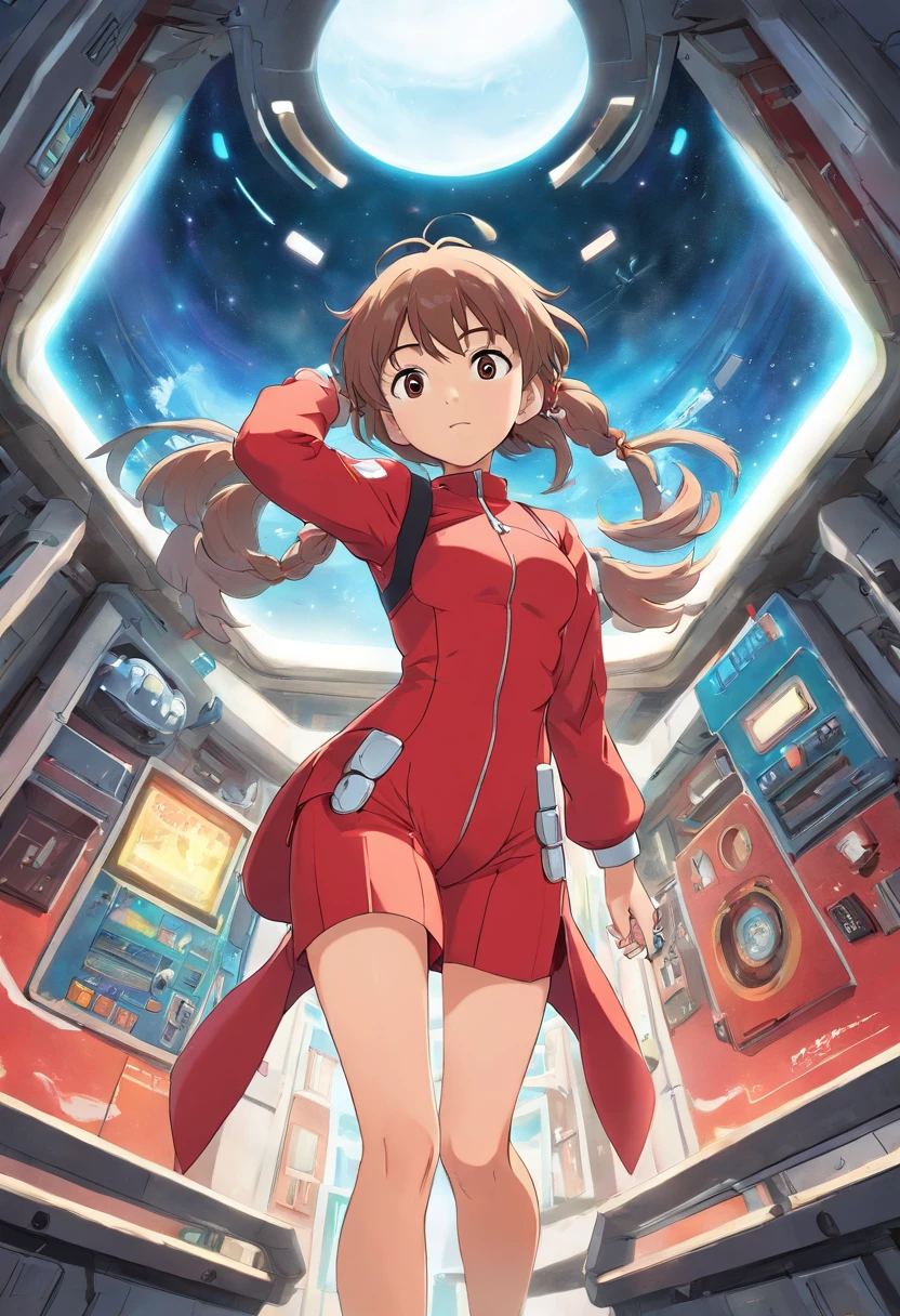 anime girl in red outfit in a futuristic room with a ceiling, concept art by Shingei, pixiv contest winner, altermodern, nanogirl, anime girl of the future, smooth anime cg art, female protagonist 👀 :8, red aura, stylized anime, anime cgi style, full body zenkai! asuka suit, anime styled 3d