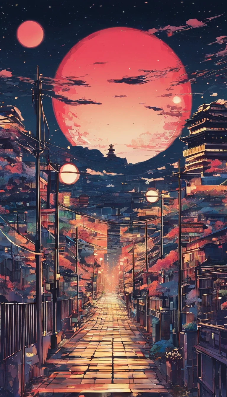Lovely night view、Anime Art Background、There are no people、fullmoon