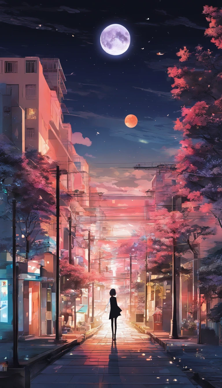 Lovely night view、Anime Art Background、There are no people、fullmoon