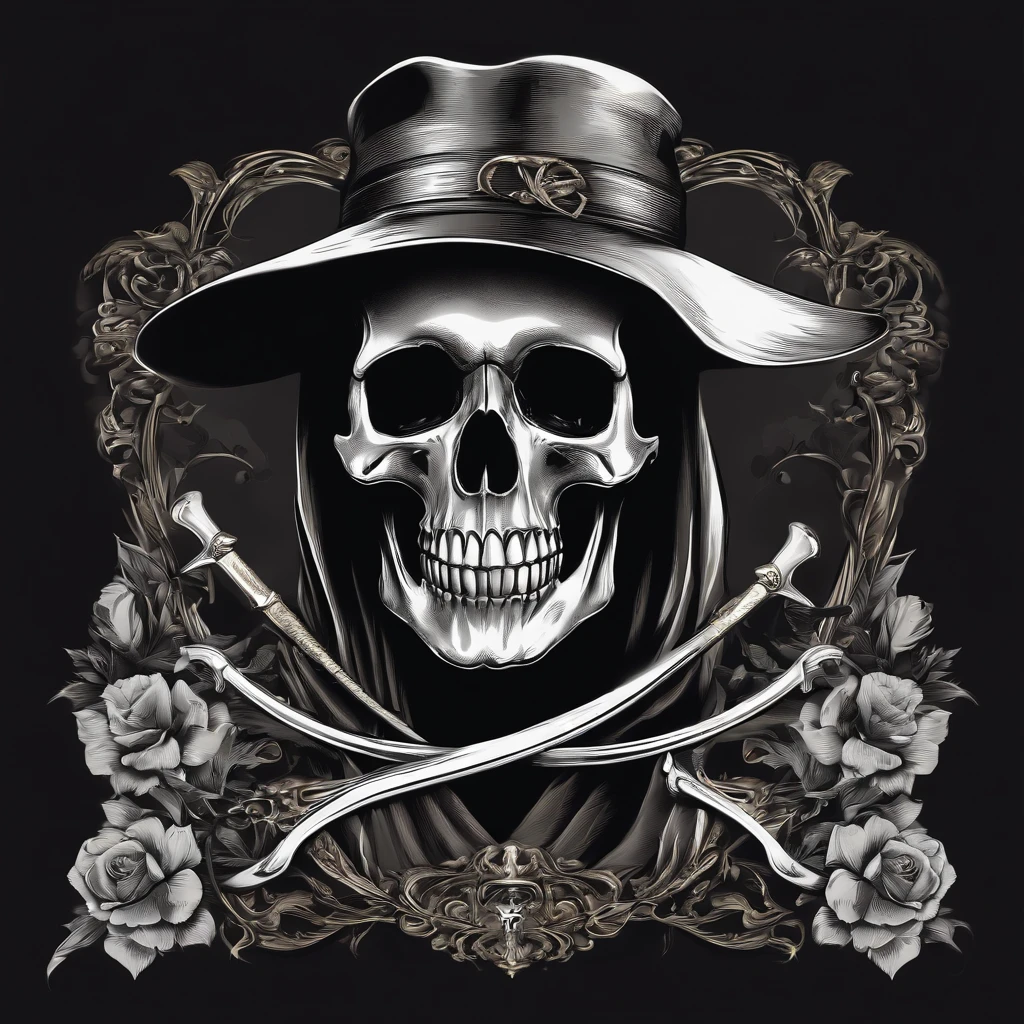 printable t-shirt vector of image skull with a scythe in his hand dark style, drawn art style image, image with white background, black and white toned image gold frame