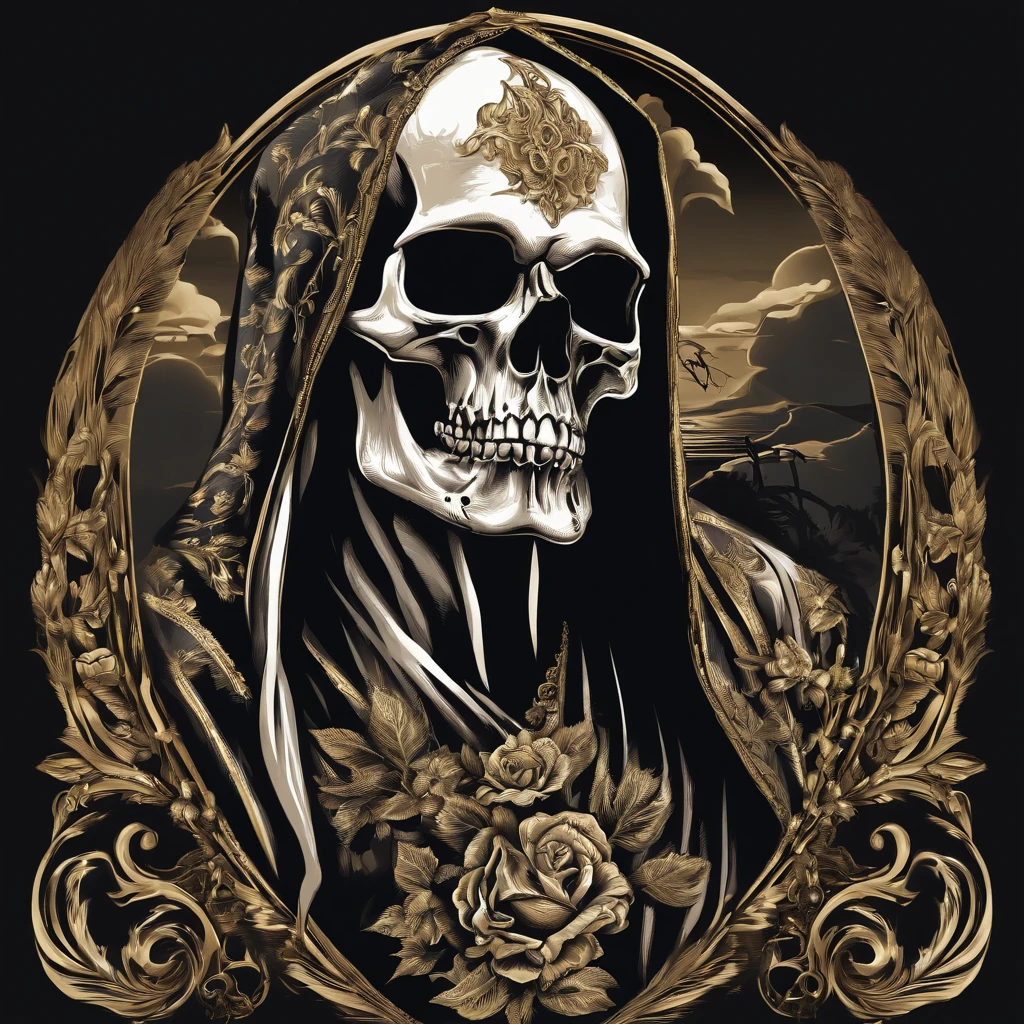 printable t-shirt vector of image skull with a scythe in his hand dark style, drawn art style image, image with white background, black and white toned image gold frame