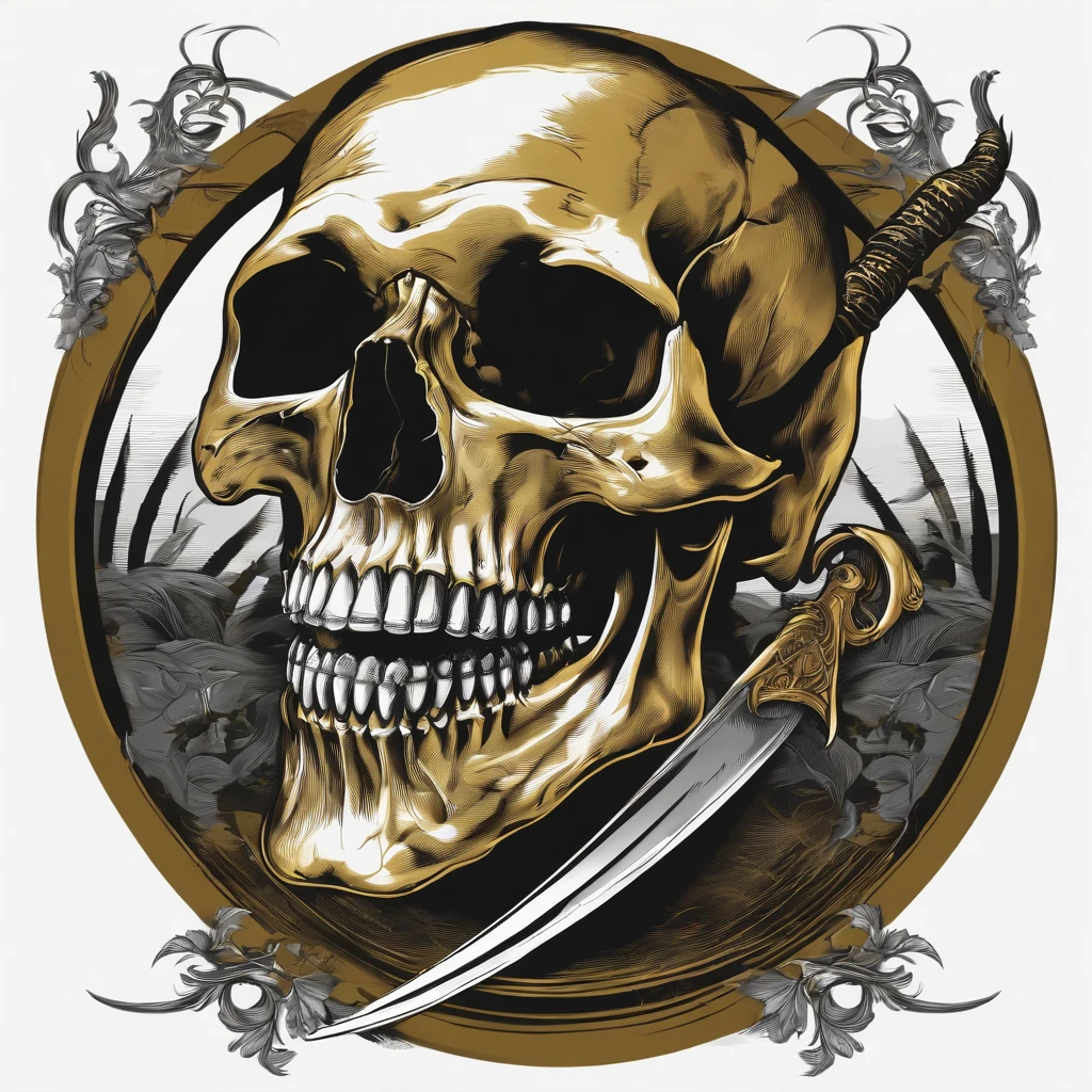 printable t-shirt vector of image skull with a scythe in his hand dark style, drawn art style image, image with white background, black and white toned image gold frame