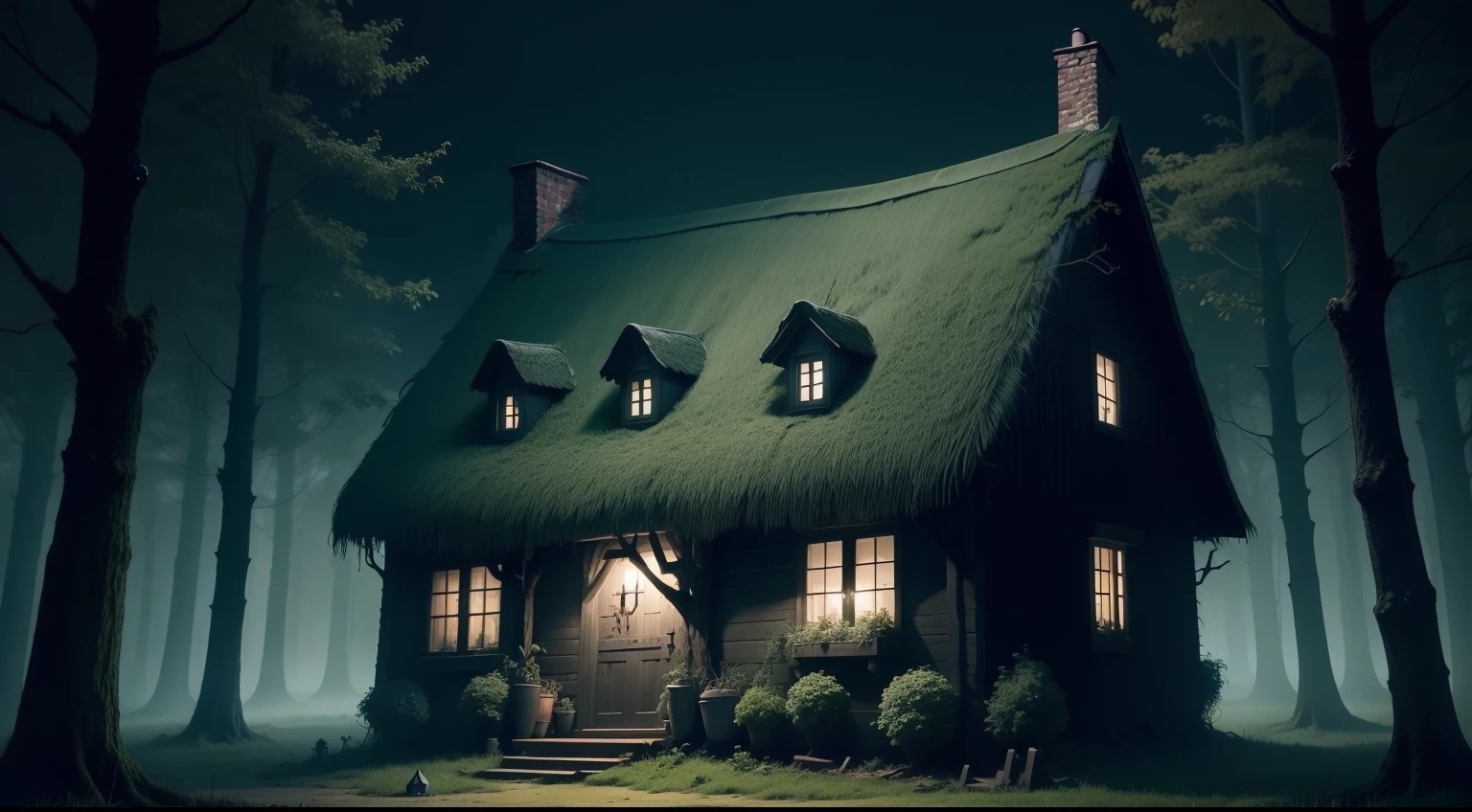 creepy witches cottage in the dark forest, green slime, new moon, ((demons sat on roof)), witches broom stick