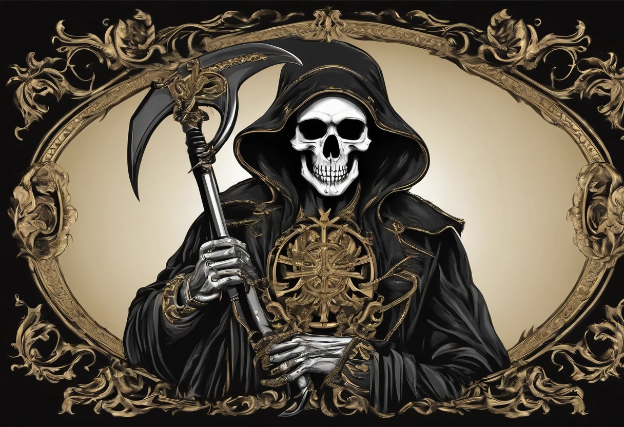 Grim Reaper character with skull face, black hooded robe, liquid gold details all over his face, gold bars and coins behind him, scythe in his skeletal hands, hyper-realistic, artisticGrim Reaper character with skull face, black hooded robe, liquid gold details all over his face, gold bars and coins behind him, scythe in his skeletal hands, hyper-realistic, artistic