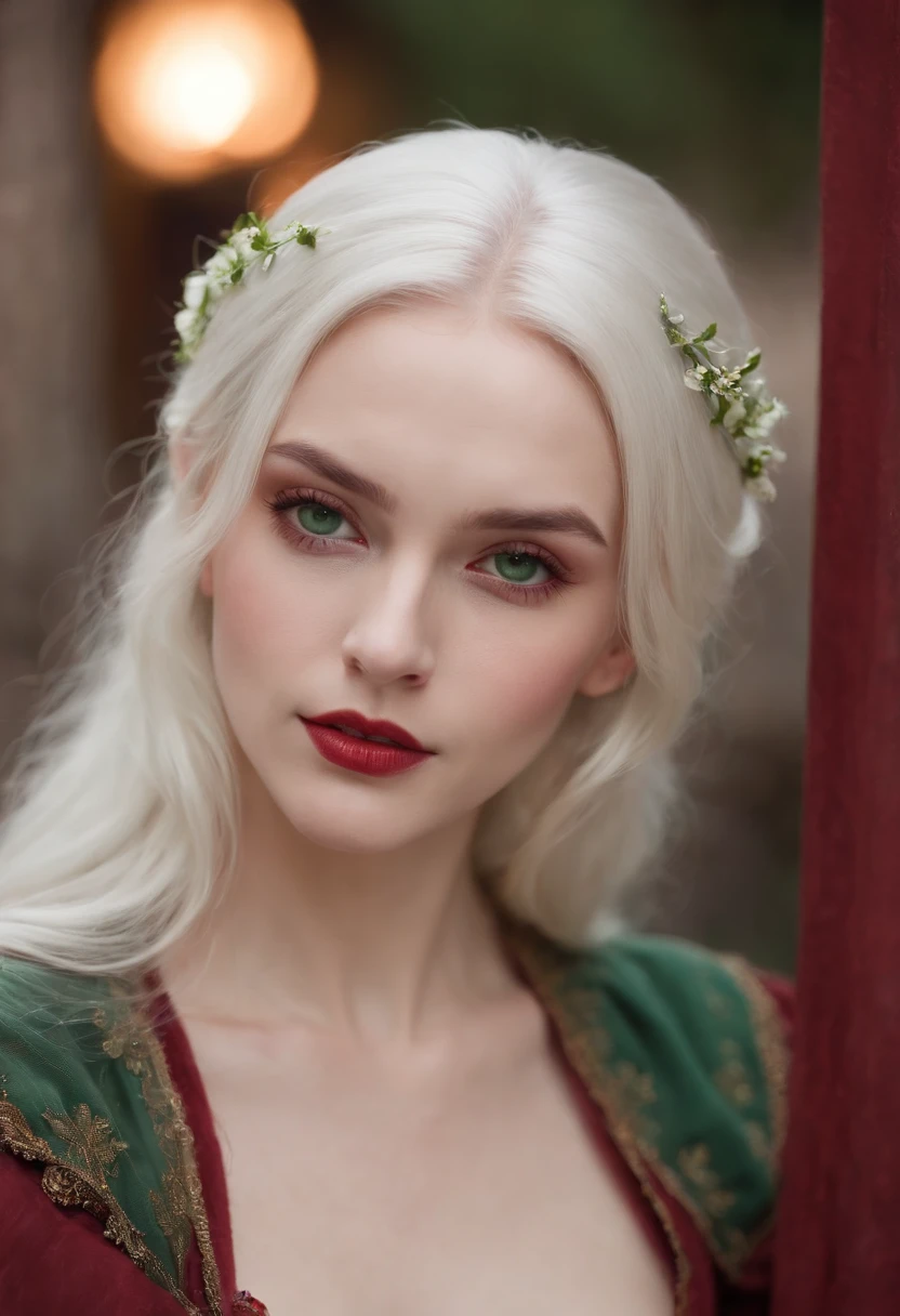 (((a deep reddish wound crosses her left cheek))) fair complexion, voluptuous vampire woman around 19 years old, natural white hair, distinctive green eyes, wearing kohl, slender and graceful, beautiful, candlelight in a medieval setting, ultra sharp focus, realistic shot, medieval female clothes, tetradic colors (scar:1.4)