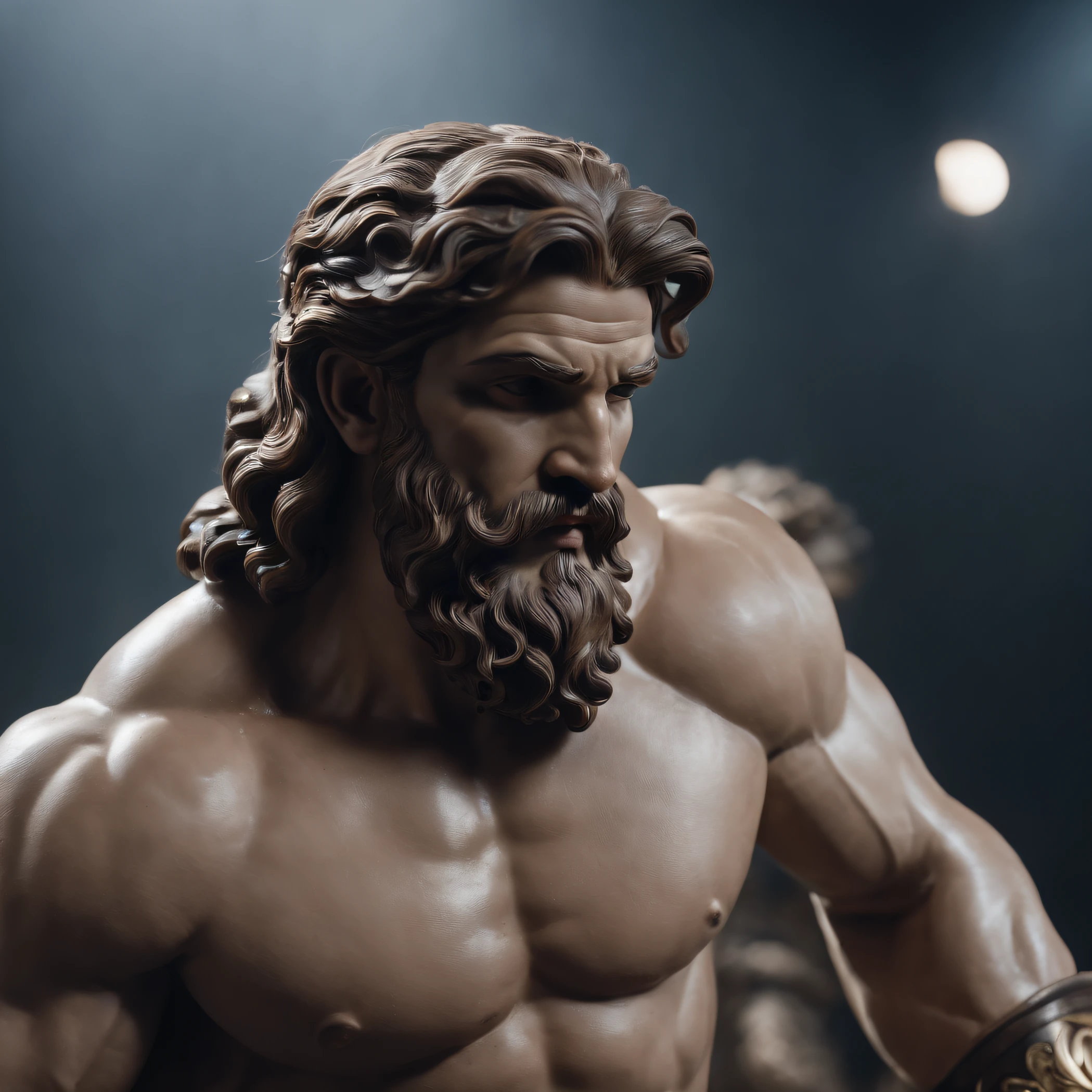 Hercules style zeus statue, 8k, cinematic dark background