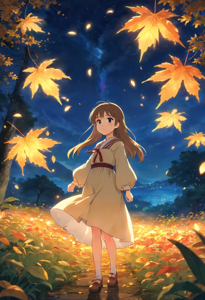 Landscape, Anime landscape girl standing with japanese dress in the fields of flowers, colorful, stone, cliff, night, lots leaf fall in around in the of walking back girl, glow leaf, fireflies, many lots of fireflies, anime art wallpaper 8k, Top quality masterpiece, deep focus, beautiful shot, fliying fireflies, lots lamp, falling leaf, falling leaf is a smooth glow light, glow, anime, object, girl (girl standing a long masterpiece) (long object), color combination masterpiece, night, beautiful anime scene, volumetric lighting, bokeh, anime beautiful peace scenery, lots of particle glow, pure lanscape, 8k beautiful anime, intricate, elegant, point of interest photography, night landscape (masterpiece lighting, finely detailed beautiful clear night lanscape), long hair, lots of hair, clear sky, ray of light, rule of third, point of interest, perfect landscape color tone, leaf, falling leaf, dew, Fog, saturation glow light, wide angel, blur foreground,