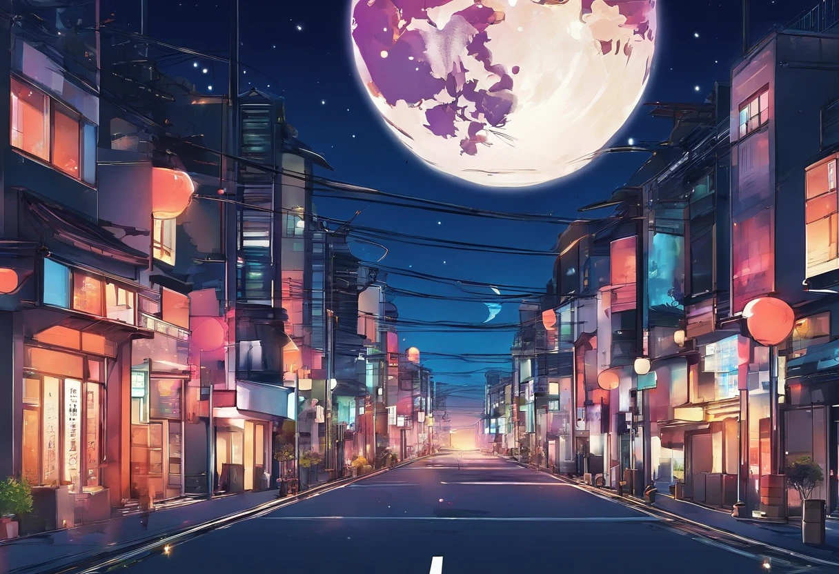 Lovely night view、Anime Art Background、There are no people、fullmoon