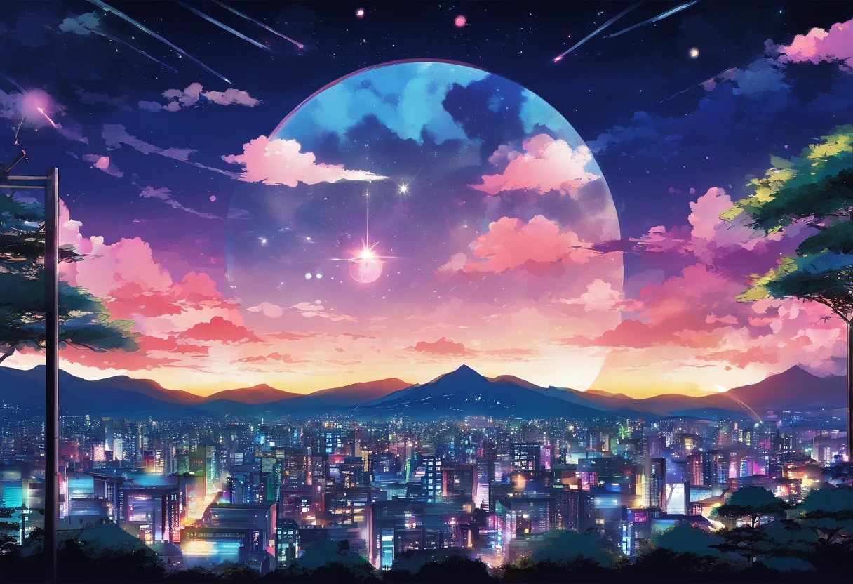 Lovely night view、Anime Art Background、There are no people、fullmoon
