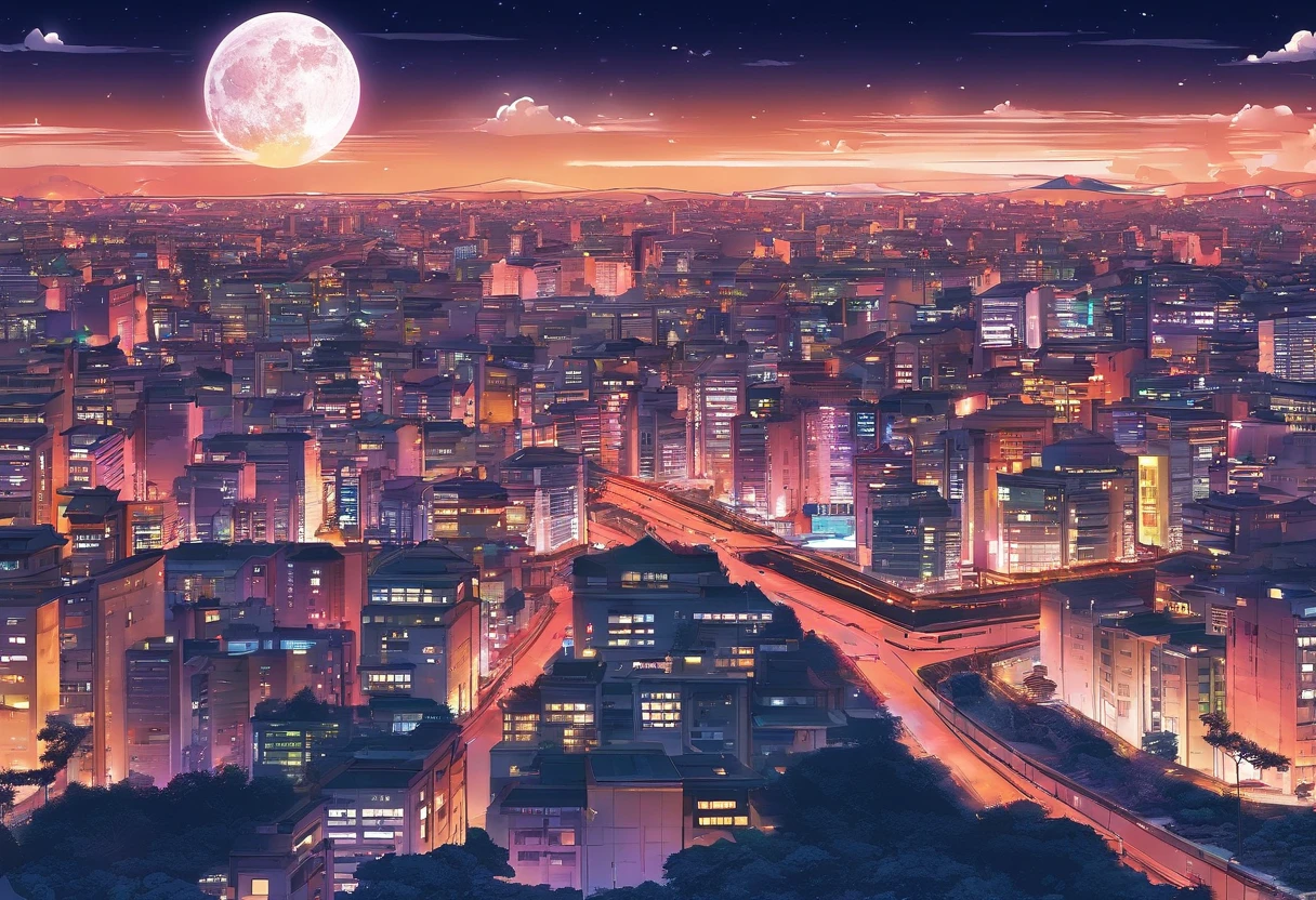 Lovely night view、Anime Art Background、There are no people、fullmoon