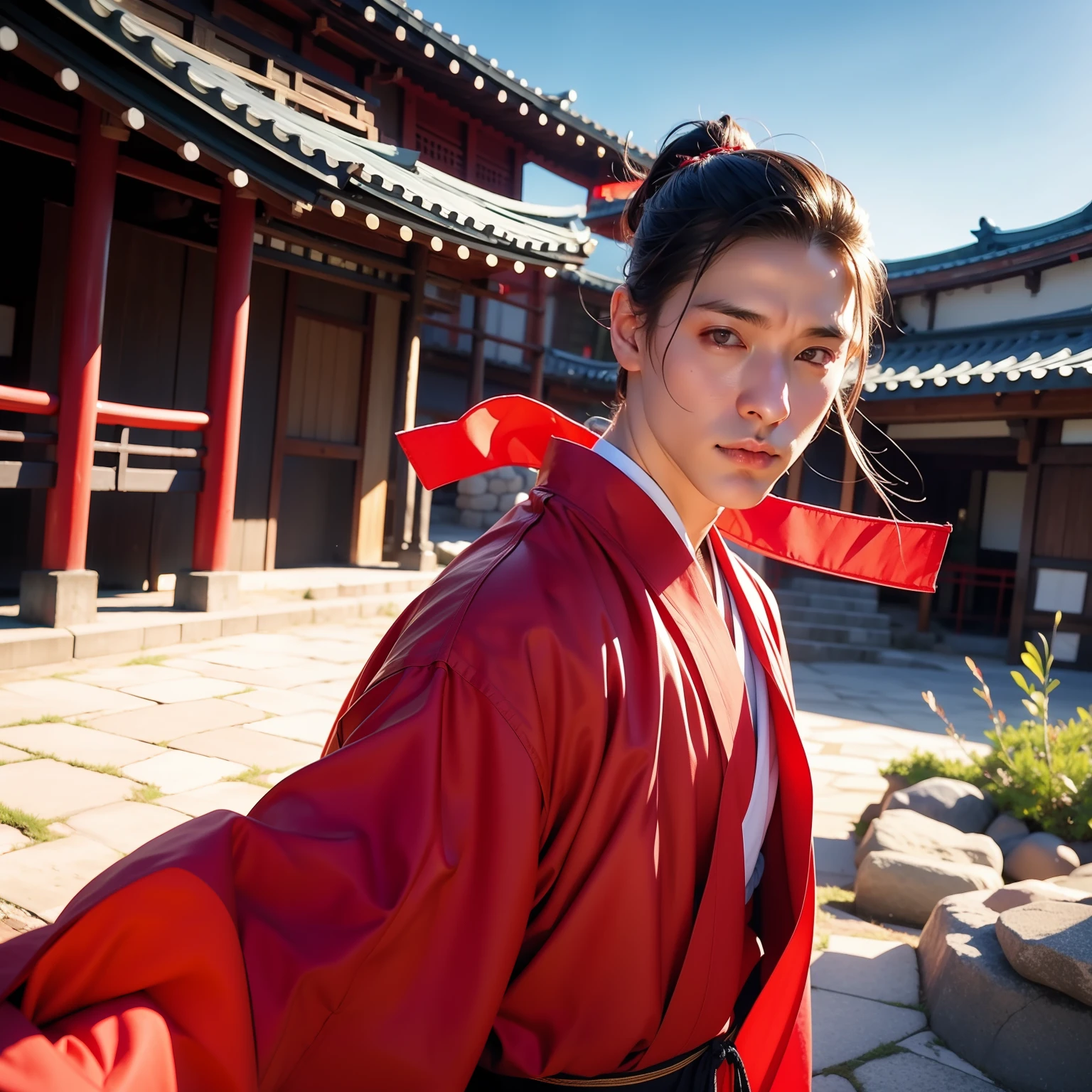 Man , boy , Japanese clothing , Japanese background , outdoors, sexy , fighting power , medieval background