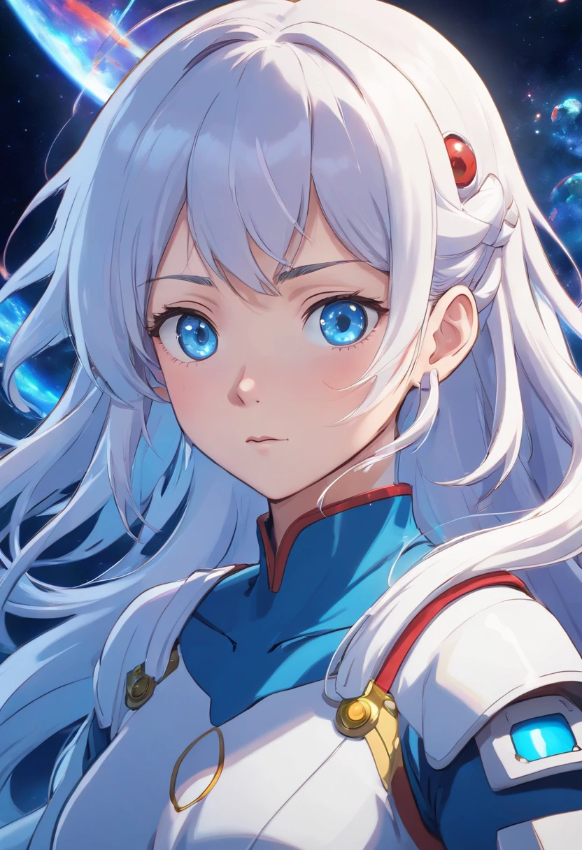 anime girl with long white hair and blue eyes in a dark room, white hime cut hairstyle, portrait anime space cadet girl, inspired by INO, anime styled 3d, beautiful female android!, the hime cut, made with anime painter studio, perfect android girl, with blue skin, cyborg - girl with silver hair, retrofuturistic female android, android heroine