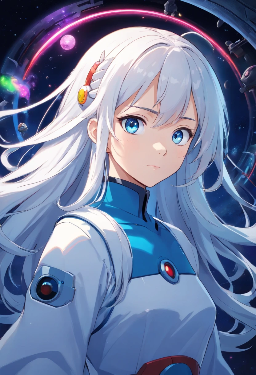 anime girl with long white hair and blue eyes in a dark room, white hime cut hairstyle, portrait anime space cadet girl, inspired by INO, anime styled 3d, beautiful female android!, the hime cut, made with anime painter studio, perfect android girl, with blue skin, cyborg - girl with silver hair, retrofuturistic female android, android heroine