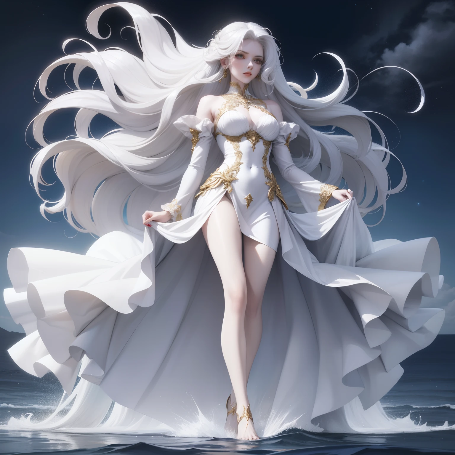 white hair, hair over shoulder, absurdly big hair, absurdly long hair, aqua eyes, anime style, masterpiece, high details, high quality, 4K, pale skin, short white dress with gold details, bare legs, ((full body shot)), slim body, night sky, red lips, deep cleavge, walking on water, gracefull smile, absurdly long legs, young woman, intricate details