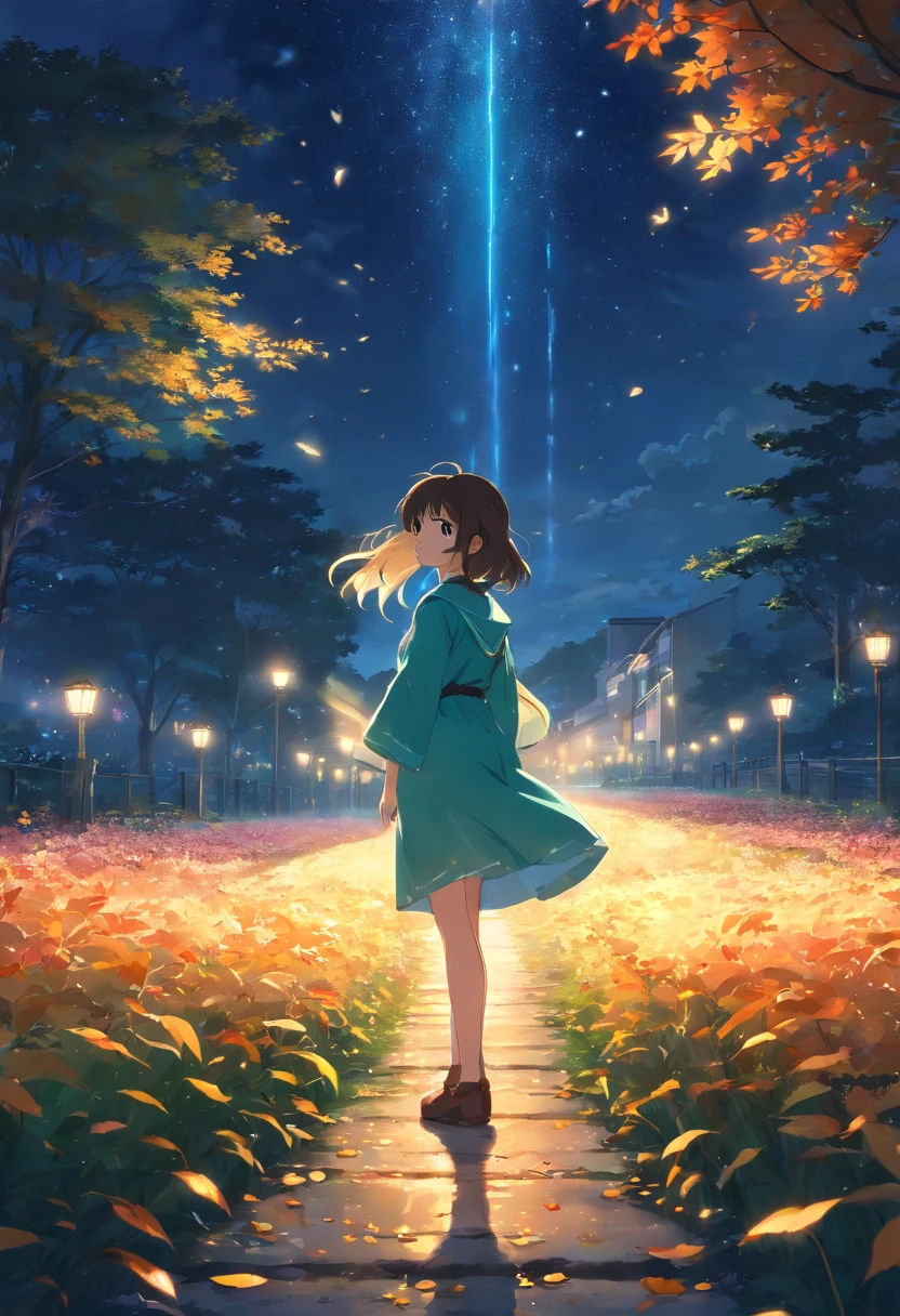 Landscape, Anime landscape girl standing with japanese dress in the fields of flowers, colorful, stone, cliff, night, lots leaf fall in around in the of walking back girl, glow leaf, fireflies, many lots of fireflies, anime art wallpaper 8k, Top quality masterpiece, deep focus, beautiful shot, fliying fireflies, lots lamp, falling leaf, falling leaf is a smooth glow light, glow, anime, object, girl (girl standing a long masterpiece) (long object), color combination masterpiece, night, beautiful anime scene, volumetric lighting, bokeh, anime beautiful peace scenery, lots of particle glow, pure lanscape, 8k beautiful anime, intricate, elegant, point of interest photography, night landscape (masterpiece lighting, finely detailed beautiful clear night lanscape), long hair, lots of hair, clear sky, ray of light, rule of third, point of interest, perfect landscape color tone, leaf, falling leaf, dew, Fog, saturation glow light, wide angel, blur foreground, SOLO FOCUS, STRONG DEPTH OF FIELD