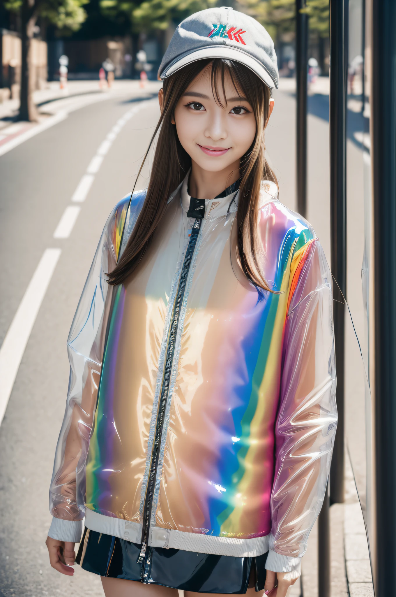 (Masterpiece:1.3), (8K, Photorealistic, Raw photography, Best Quality:1.4), (1girl), Beautiful face, Realistic face, (Detailed face), Beautiful hairstyle, (Detailed hair), Realistic eyes, (Detailed eyes), Beautiful details, Realistic skin, (Detailed skin), Beautiful skin, Attractive, Ultra high definition, A hyper-realistic, Very detailed, (medium breasts:0.5), Japanese beauty, (slim figure), (Wearing a rainbow-colored transparent vinyl jacket, wearing a fashionable cap, high fashion, futuristic outfit, headphones, backpack, short boots, Tokyo street fashion, Harajuku fashion), cute young Japanese girl, pretty young Japanese girl, (gray gradation background)