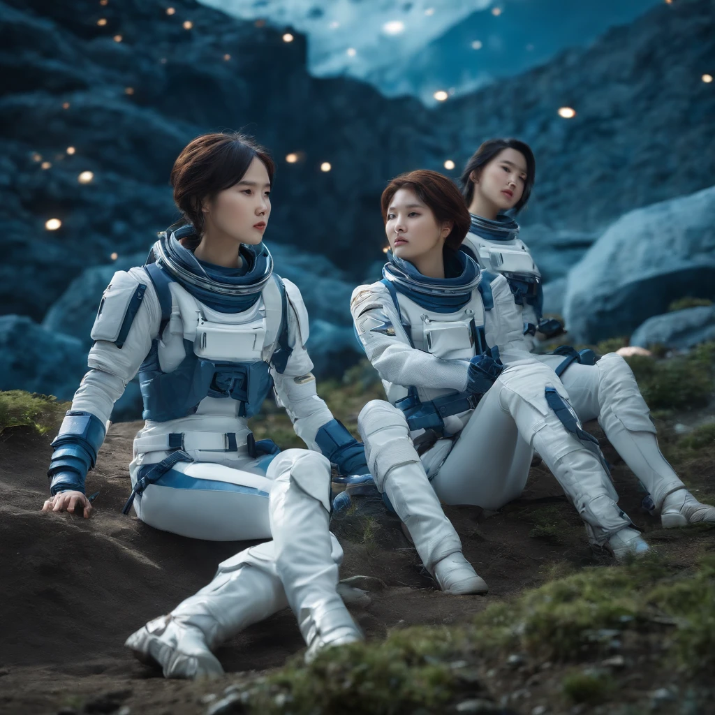 future world. Three Korean 15-year-old short-haired girls, wearing blue and white space combat suits, were resting and eating on the battlefield. comic style.